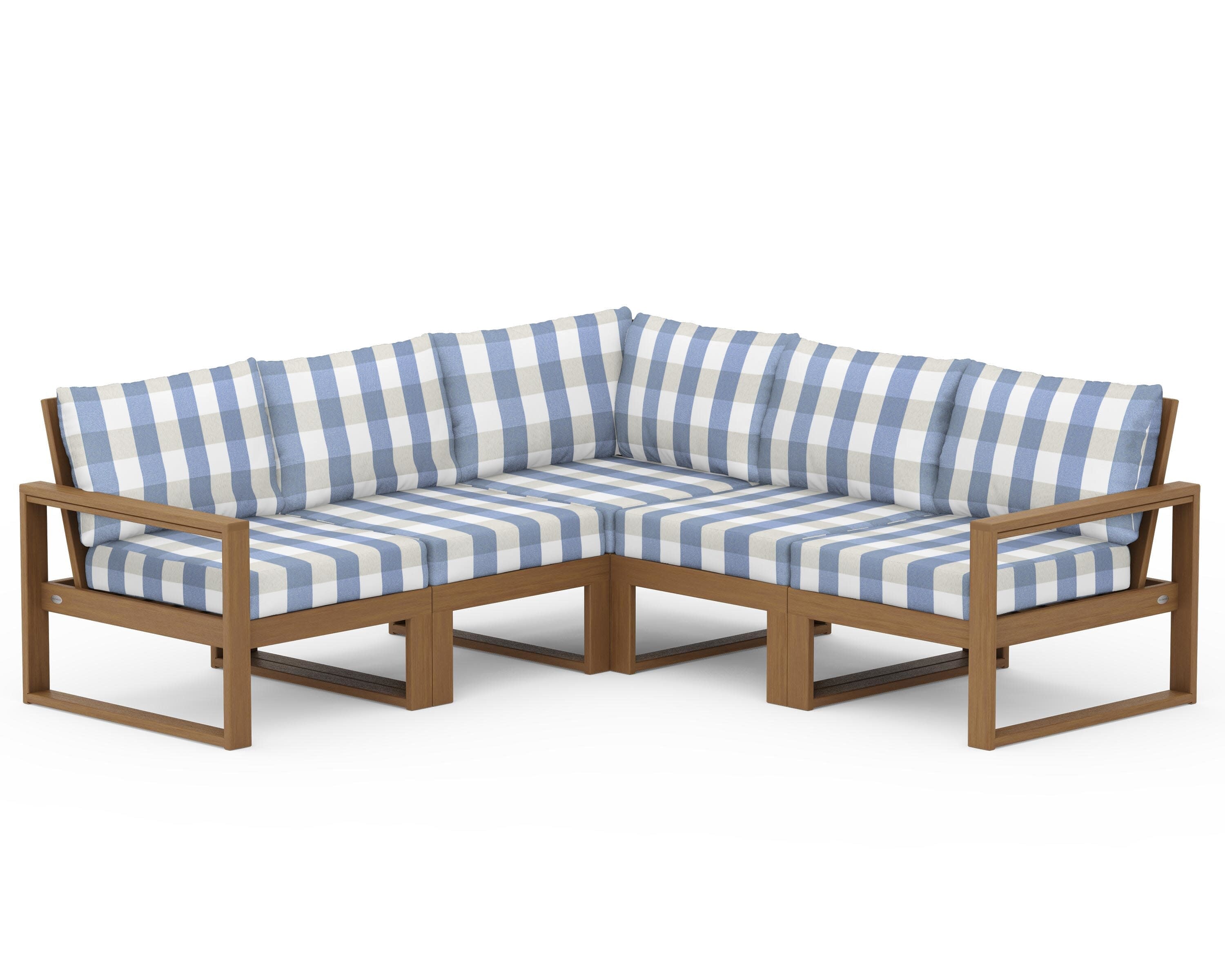 EDGE 5-Piece Modular Deep Seating Set in Natural / Buffalo Plaid Sky Blue