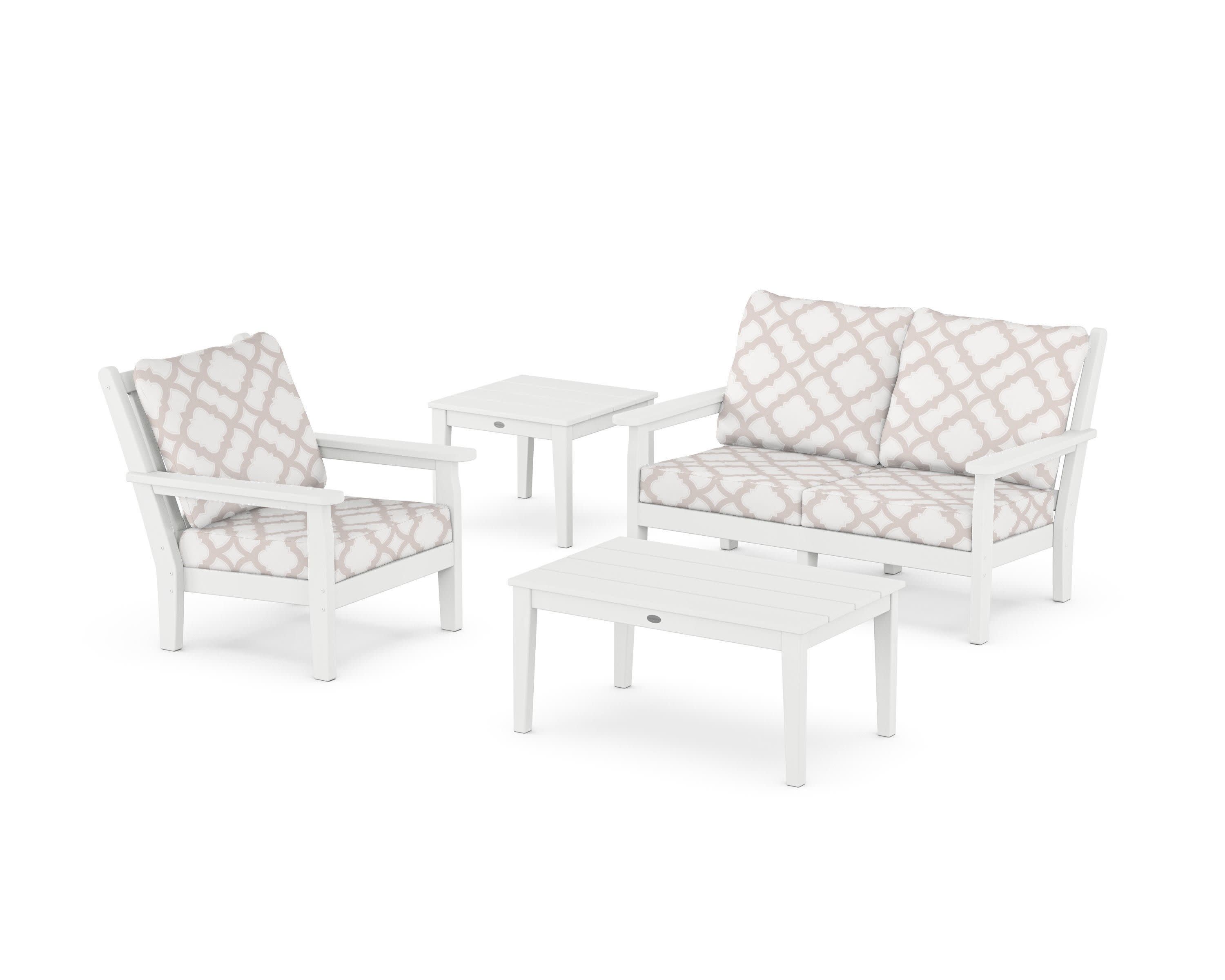 Chippendale 4-Piece Deep Seating Set in White / Trellis Dune Burlap