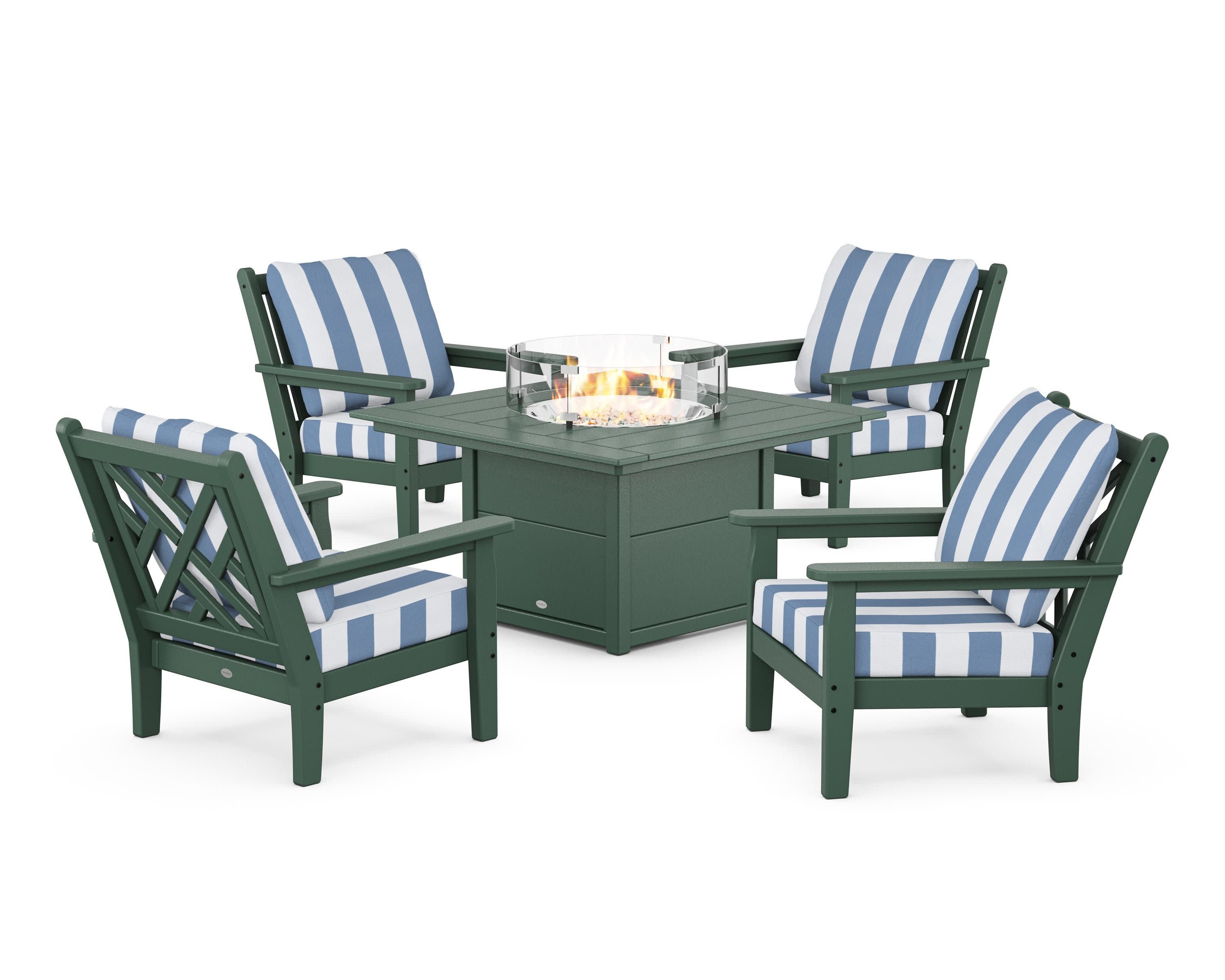 Chippendale 5-Piece Deep Seating Set with Fire Pit Table in Green / Cabana Stripe Sky Blue