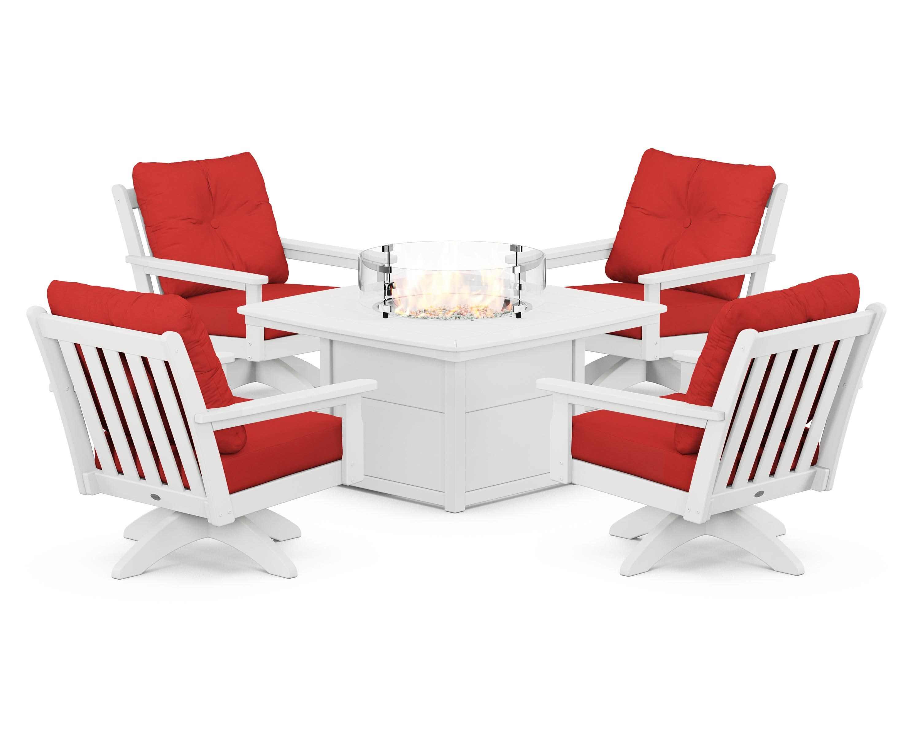 Vineyard 5-Piece Deep Seating Swivel Conversation Set with Fire Pit Table in White / Crimson Linen
