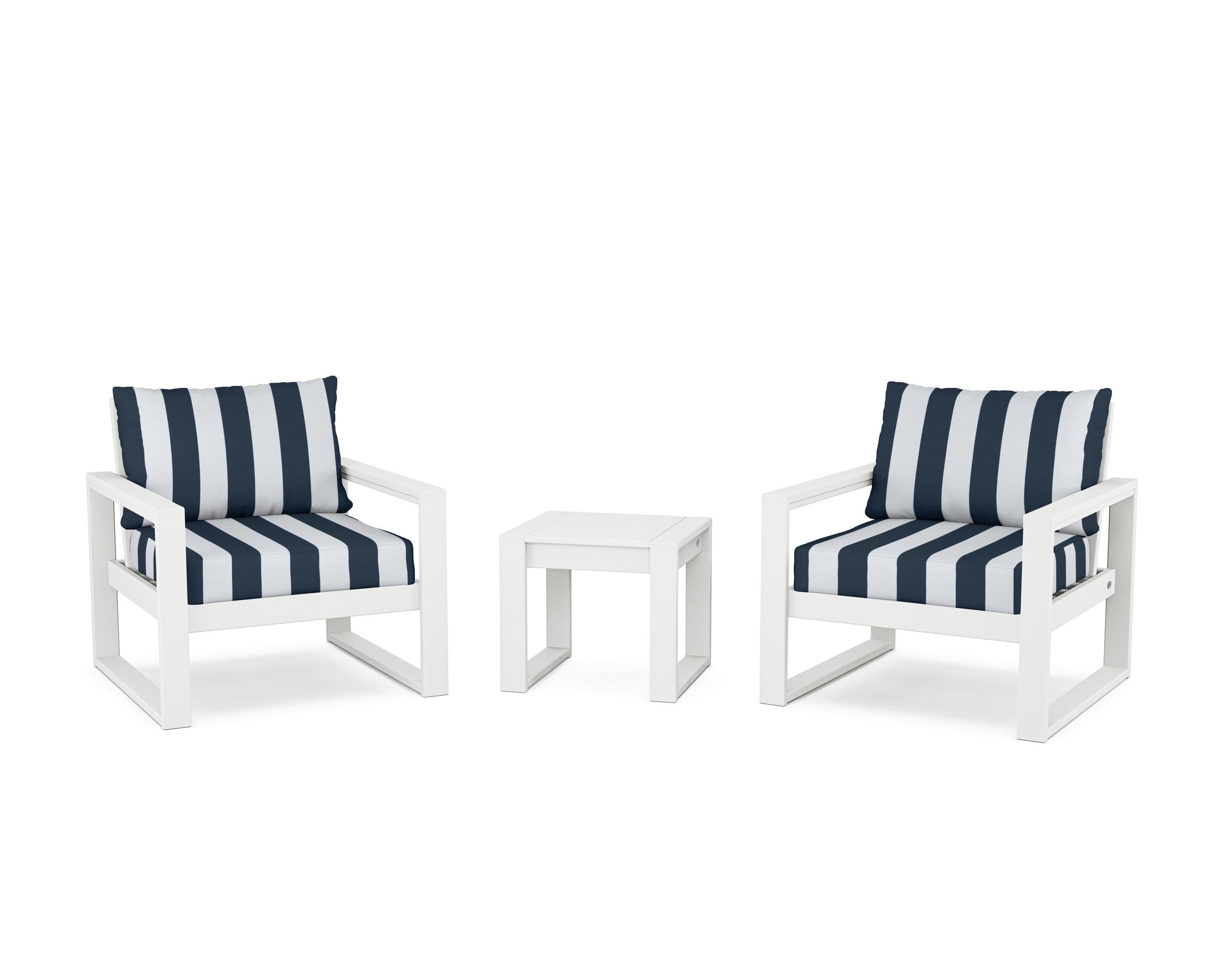 EDGE Sectional 3-Piece Deep Seating Set in White / Cabana Stripe Marine Indigo