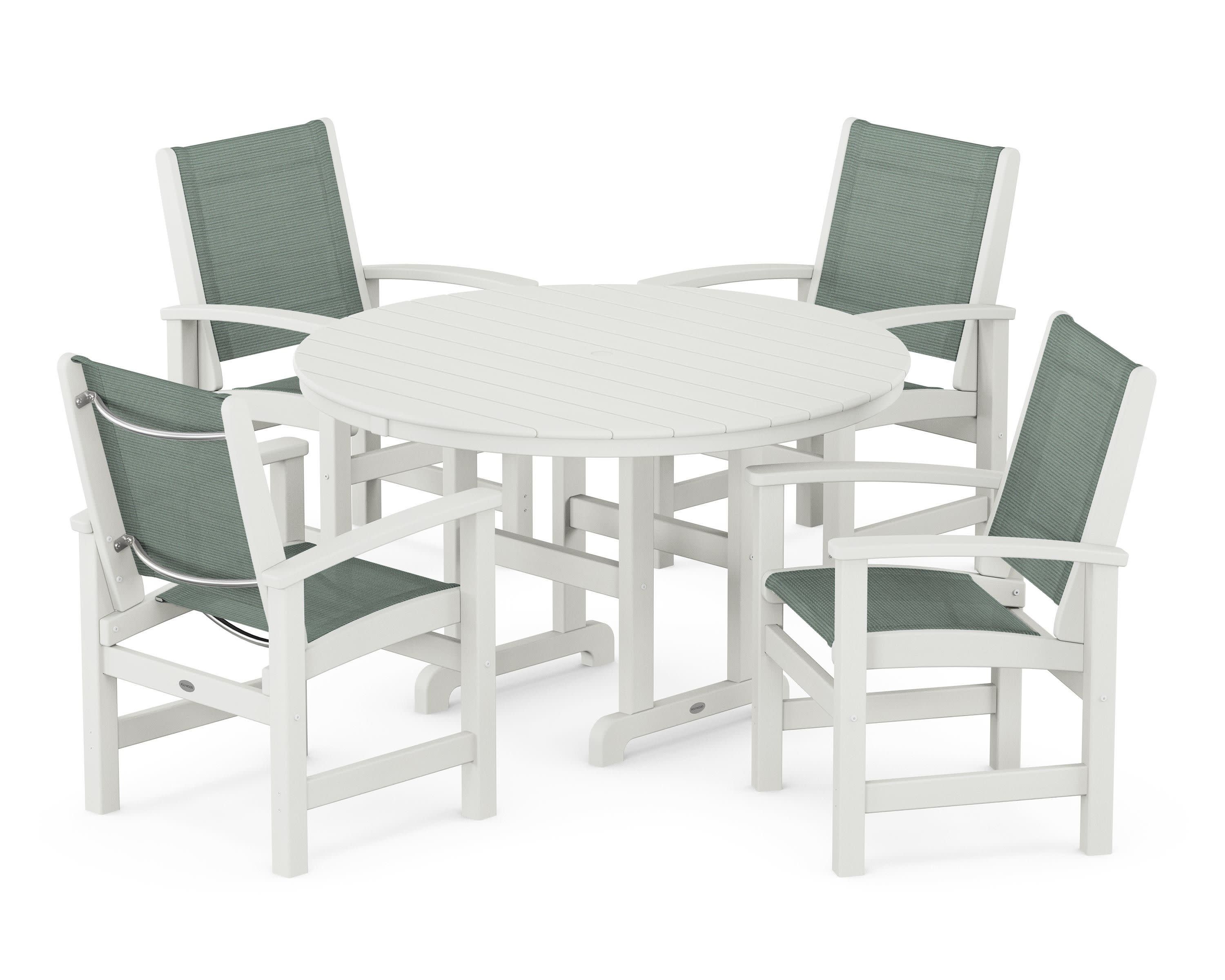 Coastal 5-Piece Round Farmhouse Dining Set in Vintage White / Dupioni Sea Mist Sling