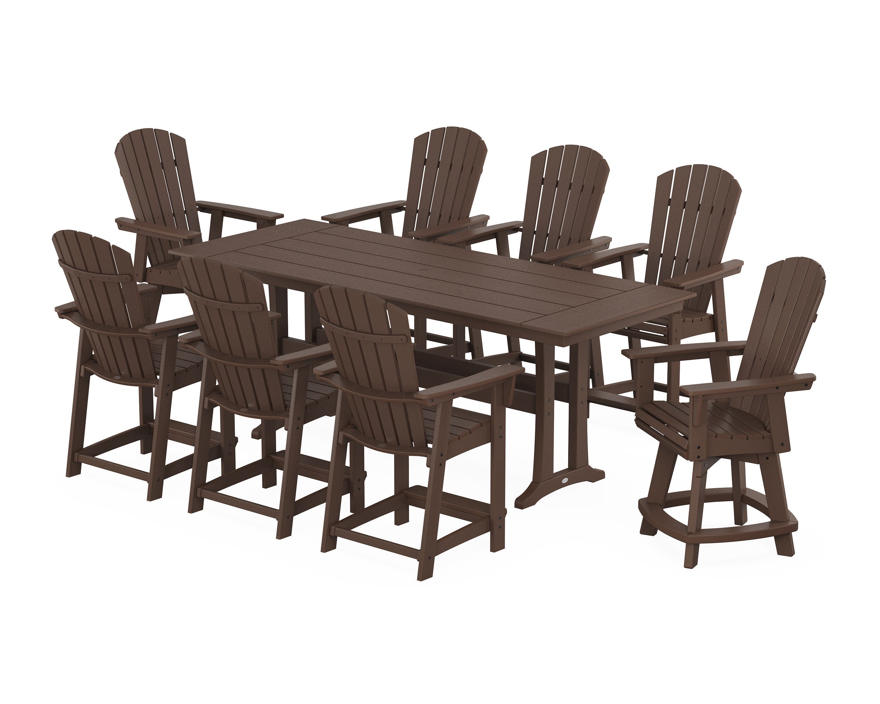 Nautical Curveback Adirondack Swivel Chair 9-Piece Farmhouse Counter Set with Trestle Legs in Mahogany