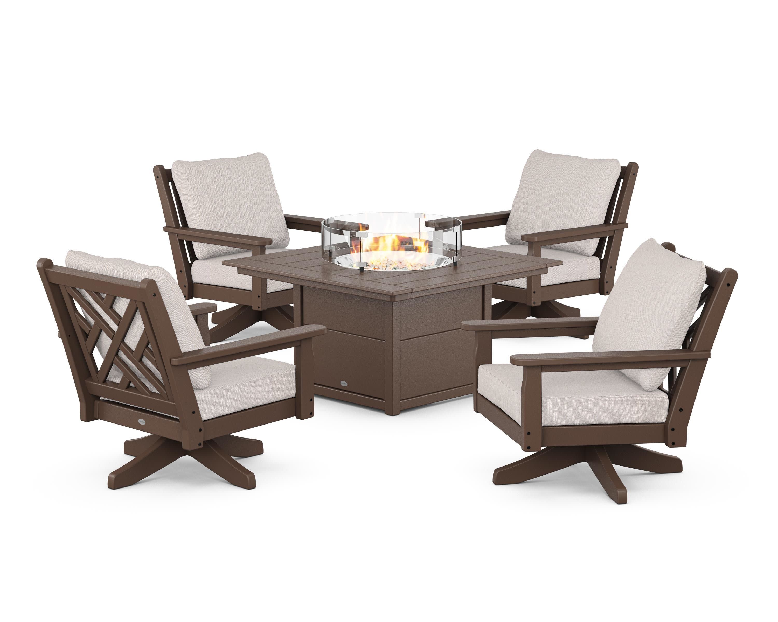 Chippendale 5-Piece Deep Seating Swivel Conversation Set with Fire Pit Table in Mahogany / Dune Burlap