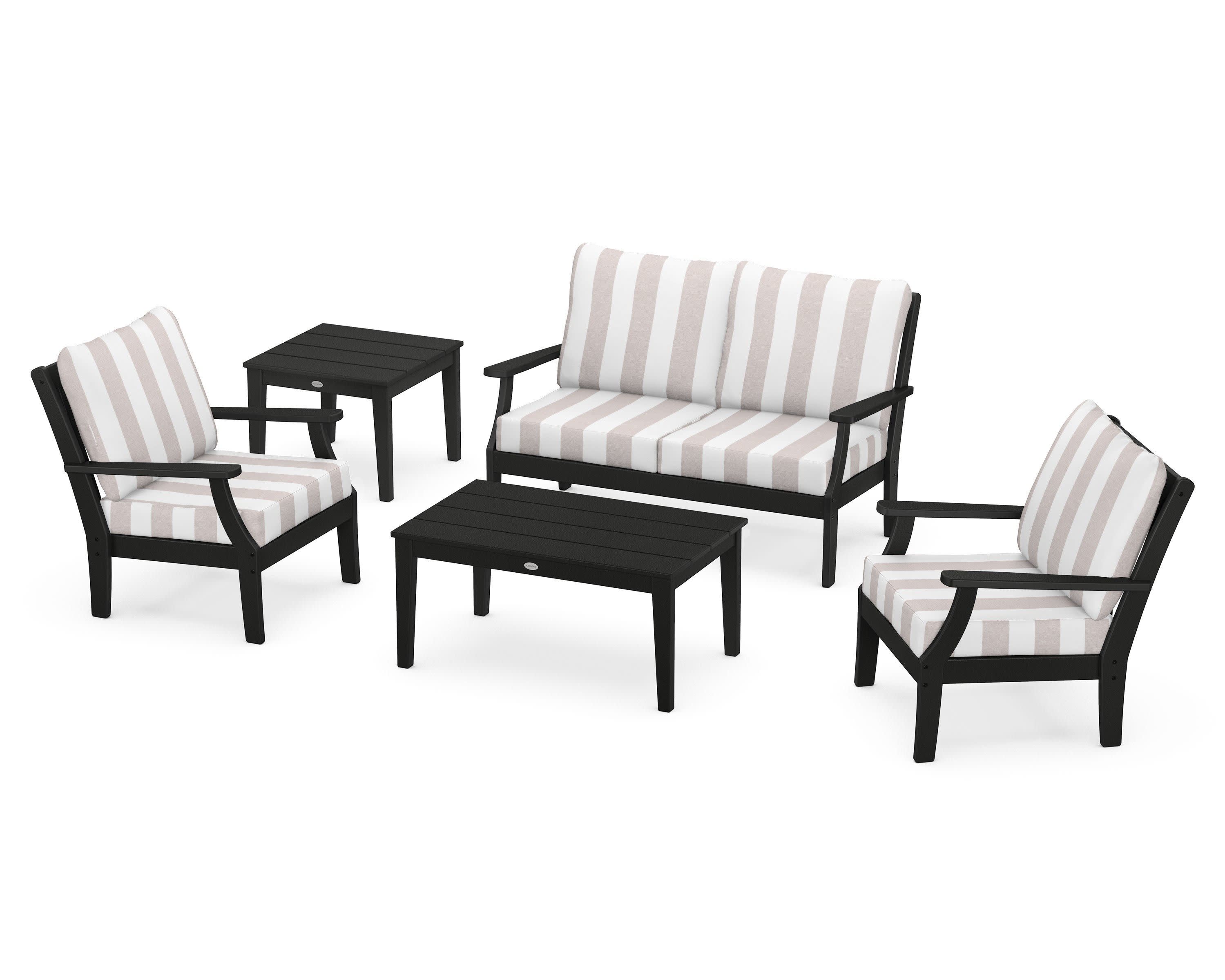 Braxton 5-Piece Deep Seating Set in Black / Cabana Stripe Dune Burlap