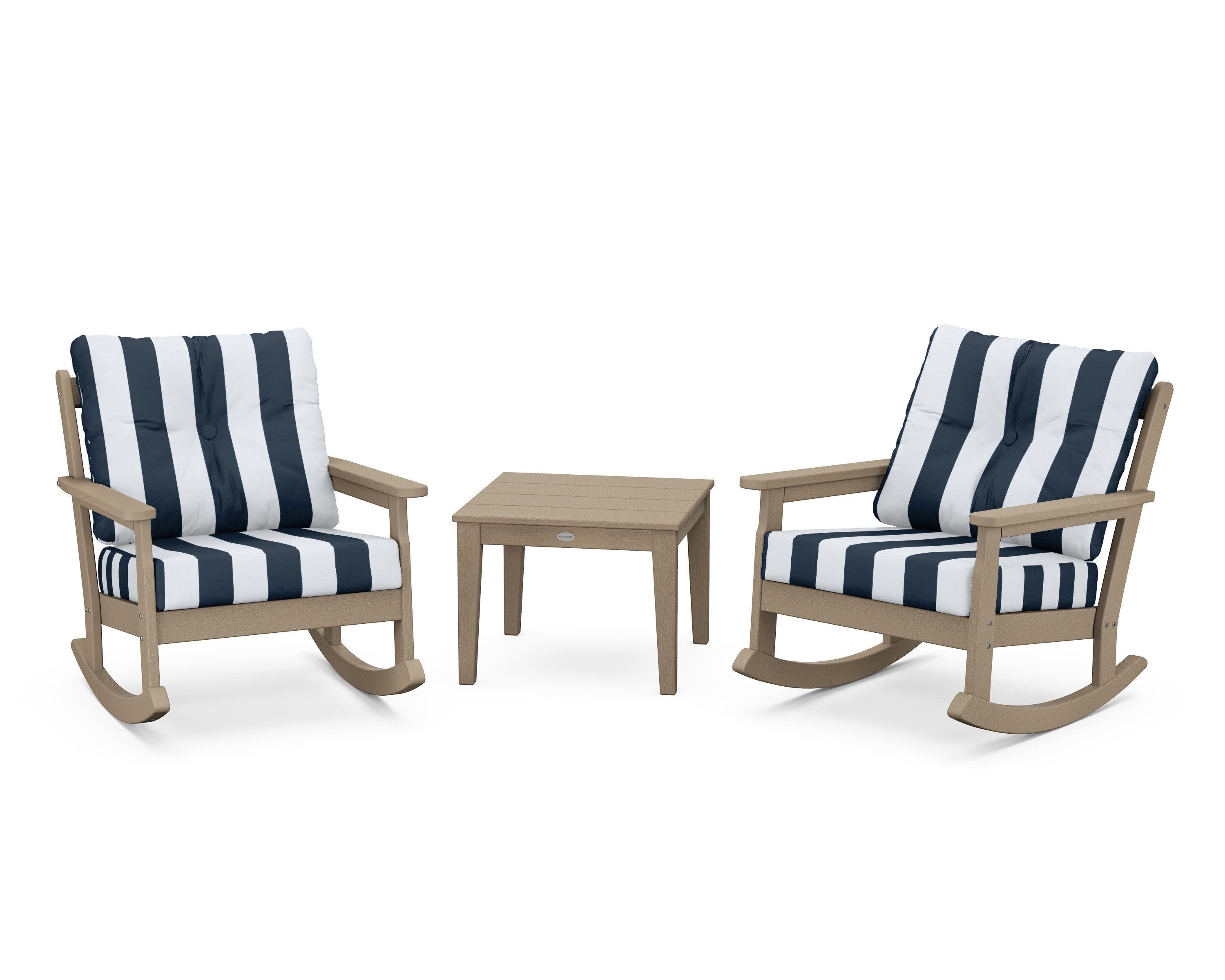 Vineyard 3-Piece Deep Seating Rocker Set in Vintage Sahara / Cabana Stripe Marine Indigo