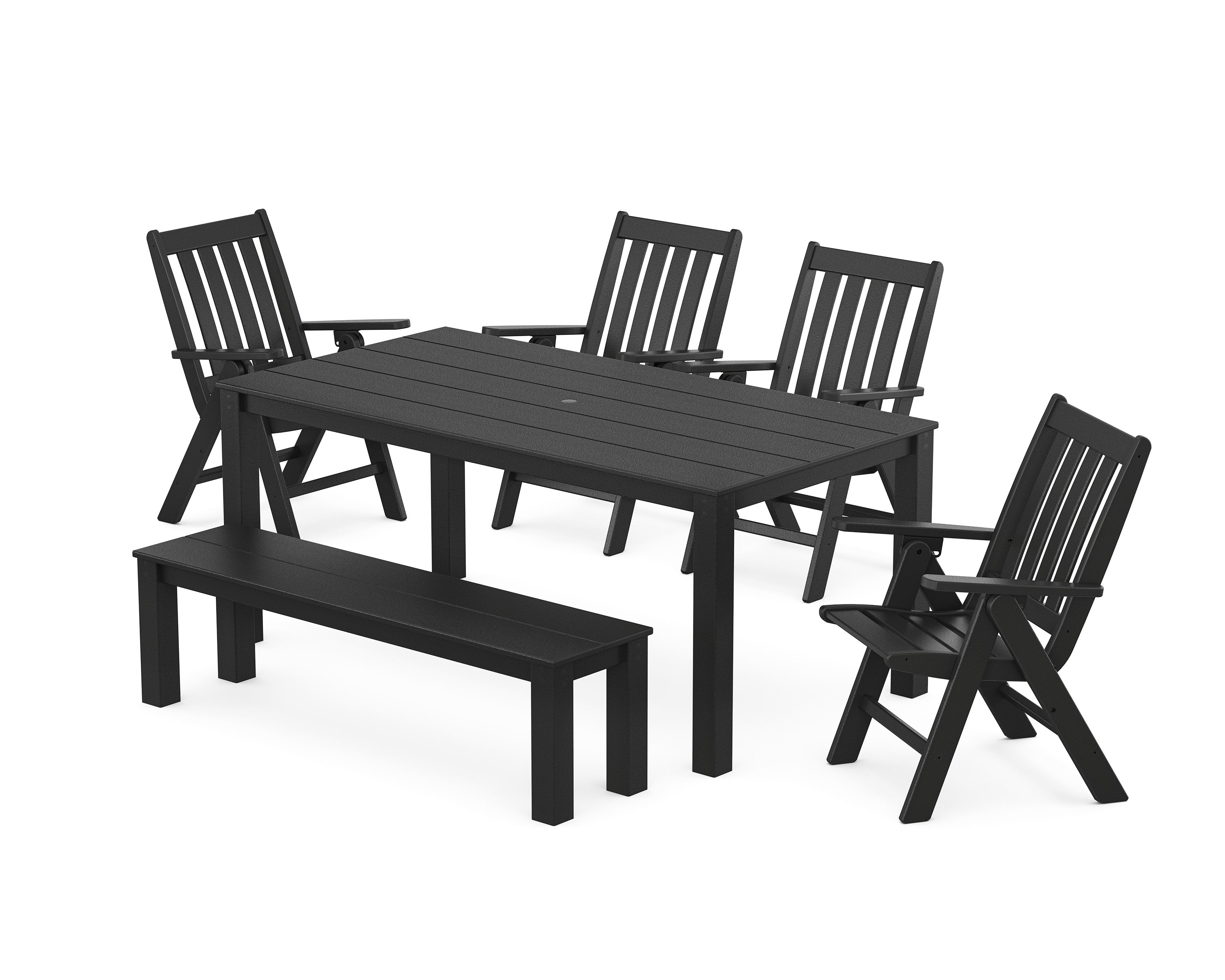 Vineyard Folding Chair 6-Piece Parsons Dining Set with Bench in Black
