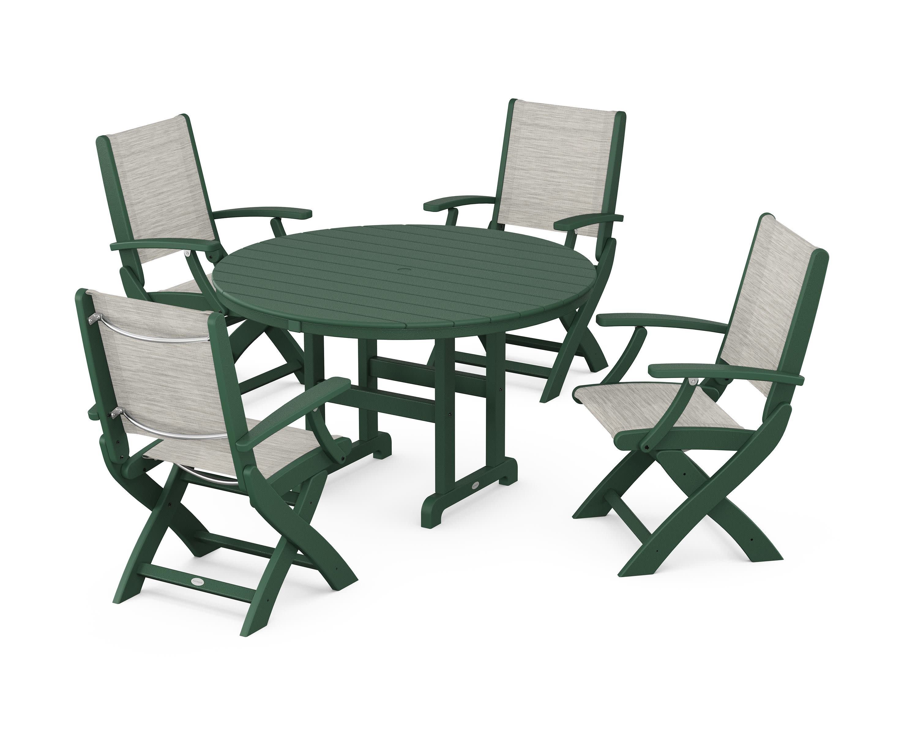 Coastal Folding Chair 5-Piece Round Dining Set in Green / Birch Sling
