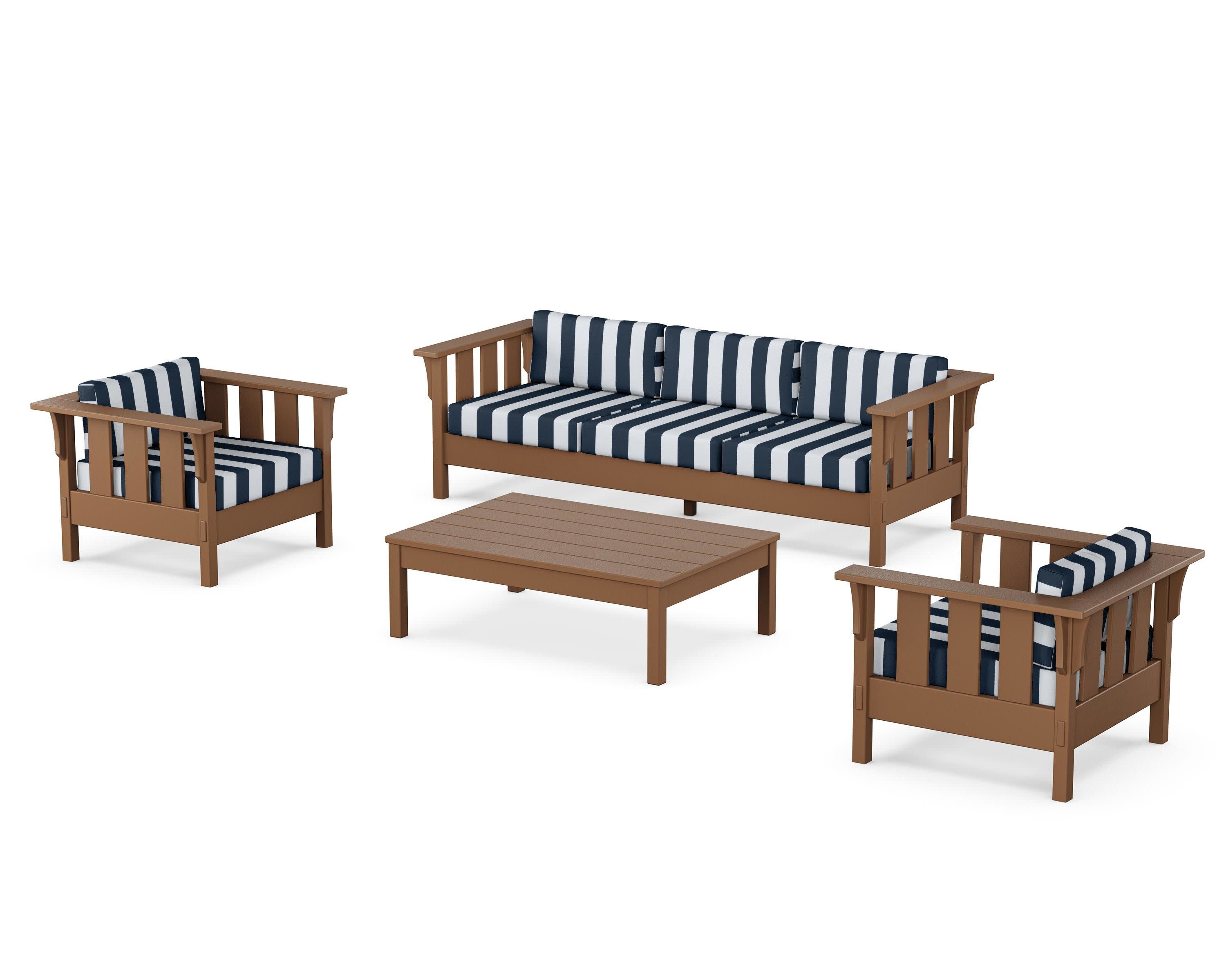 Acadia 4-Piece Deep Seating Set with Sofa in Teak / Cabana Stripe Marine Indigo