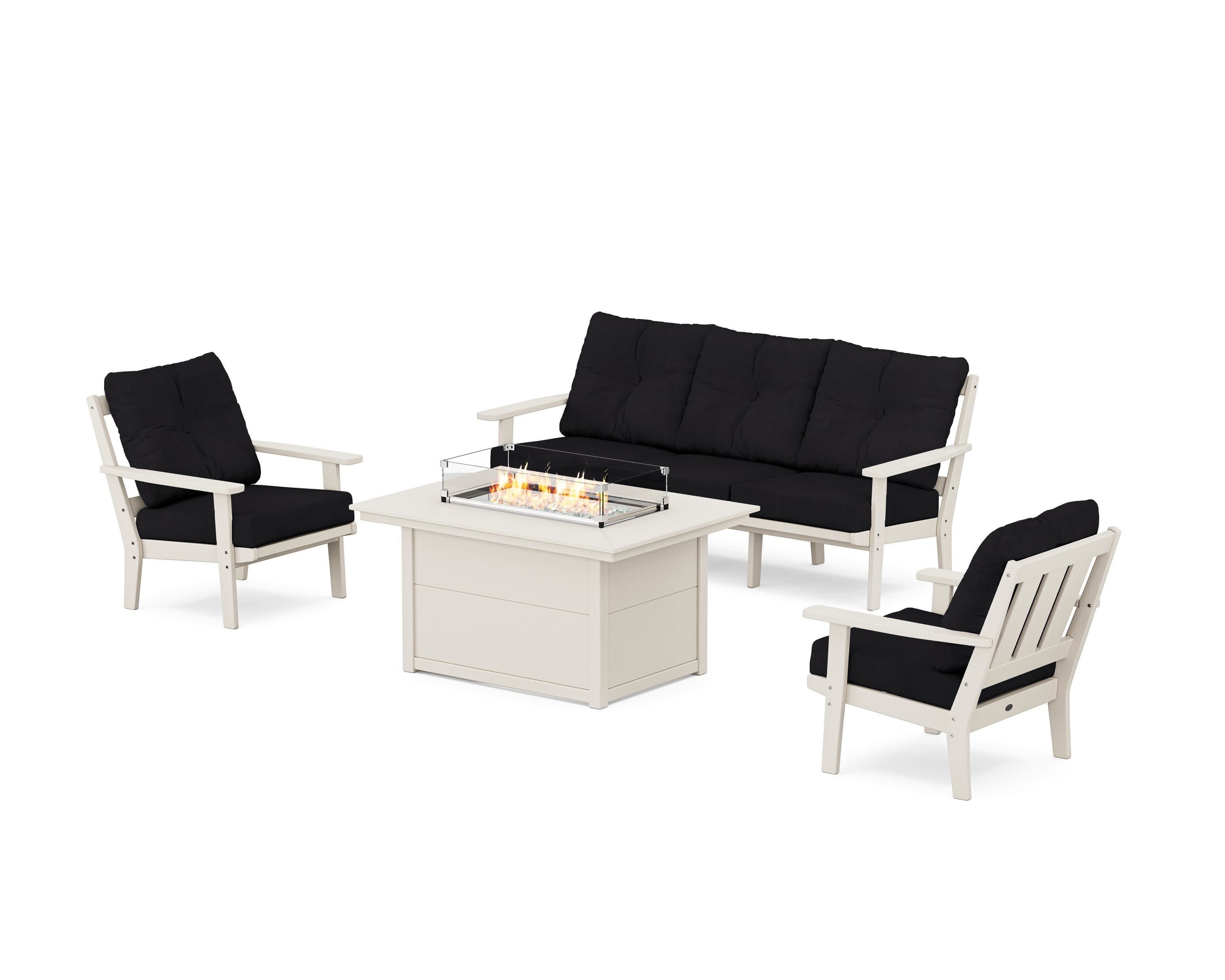 Oxford Deep Seating Fire Pit Table Set in Sand / Midnight Linen