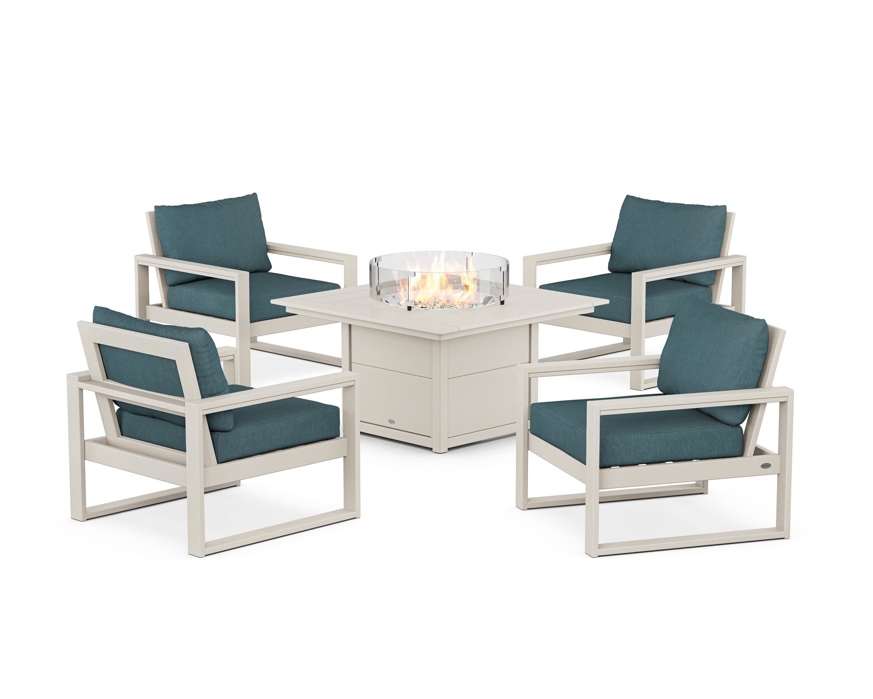 EDGE Sectional 5-Piece Deep Seating Set with Fire Pit Table in Sand / Ocean Teal