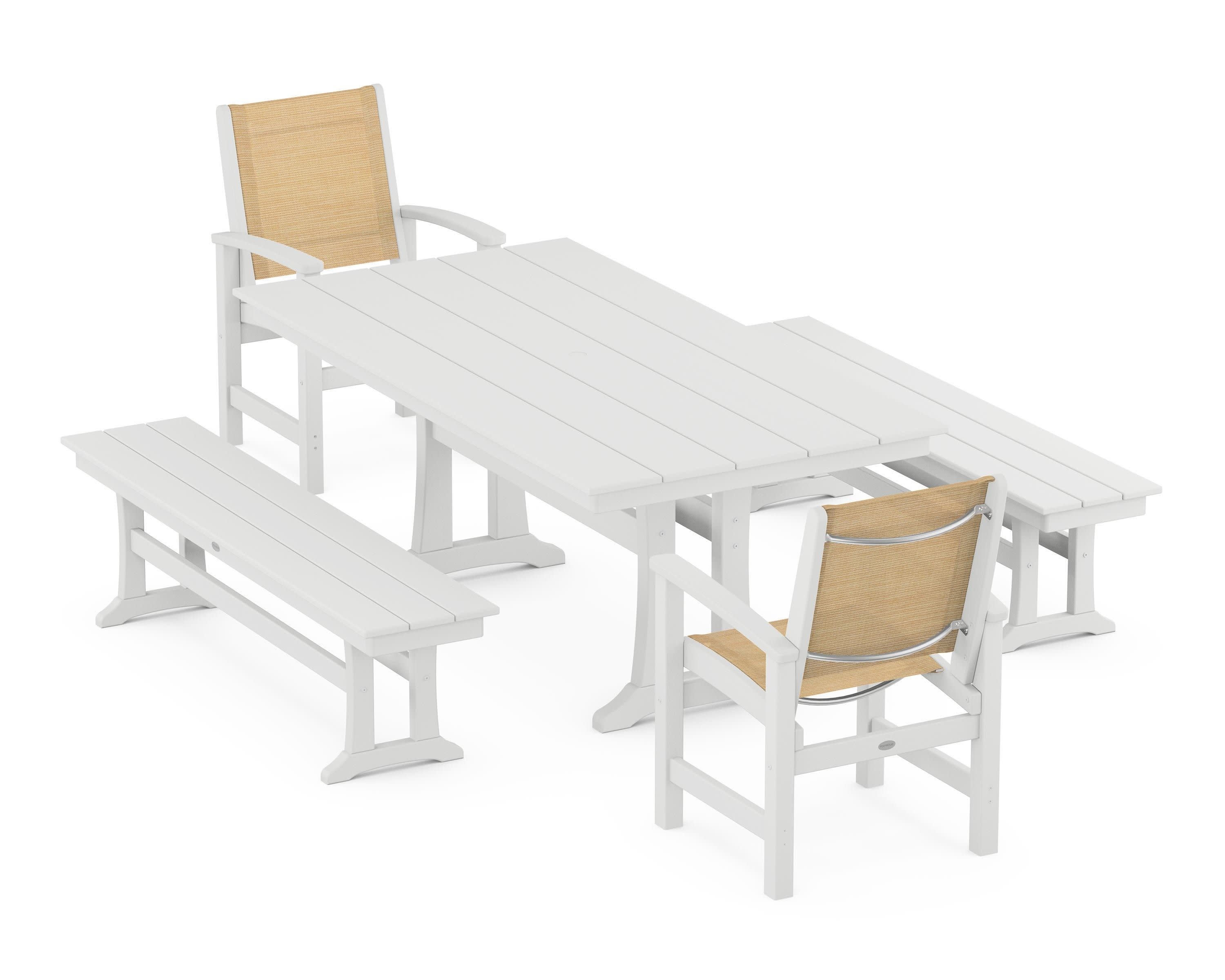 Coastal 5-Piece Farmhouse Dining Set with Trestle Legs and Benches in White / Dupioni Apricot Sling