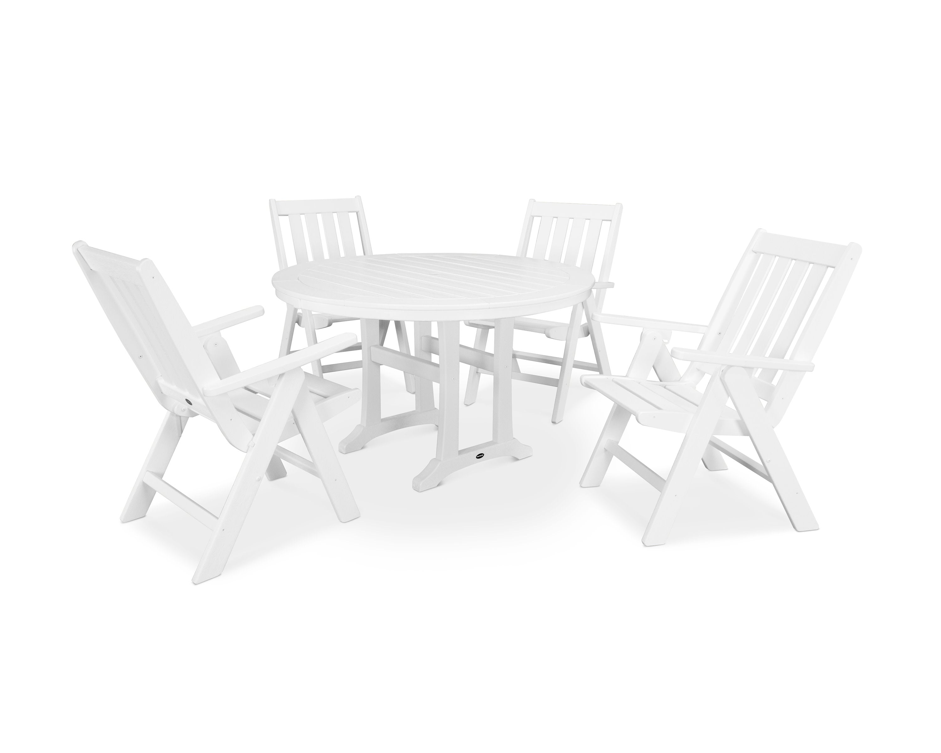 Vineyard Folding Chair 5-Piece Round Dining Set with Trestle Legs in White