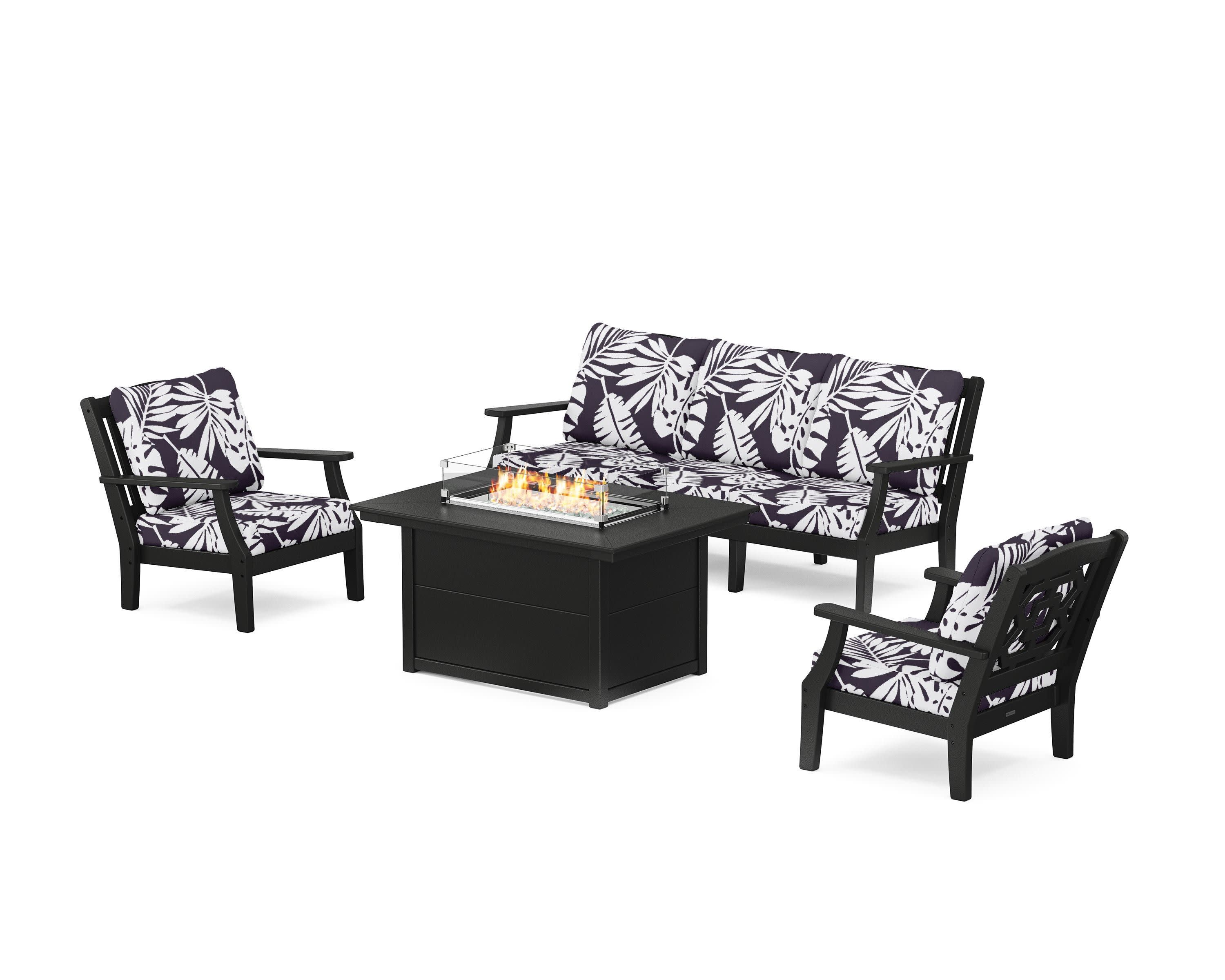 Chinoiserie Deep Seating Fire Pit Table Set in Black / Leaf Navy