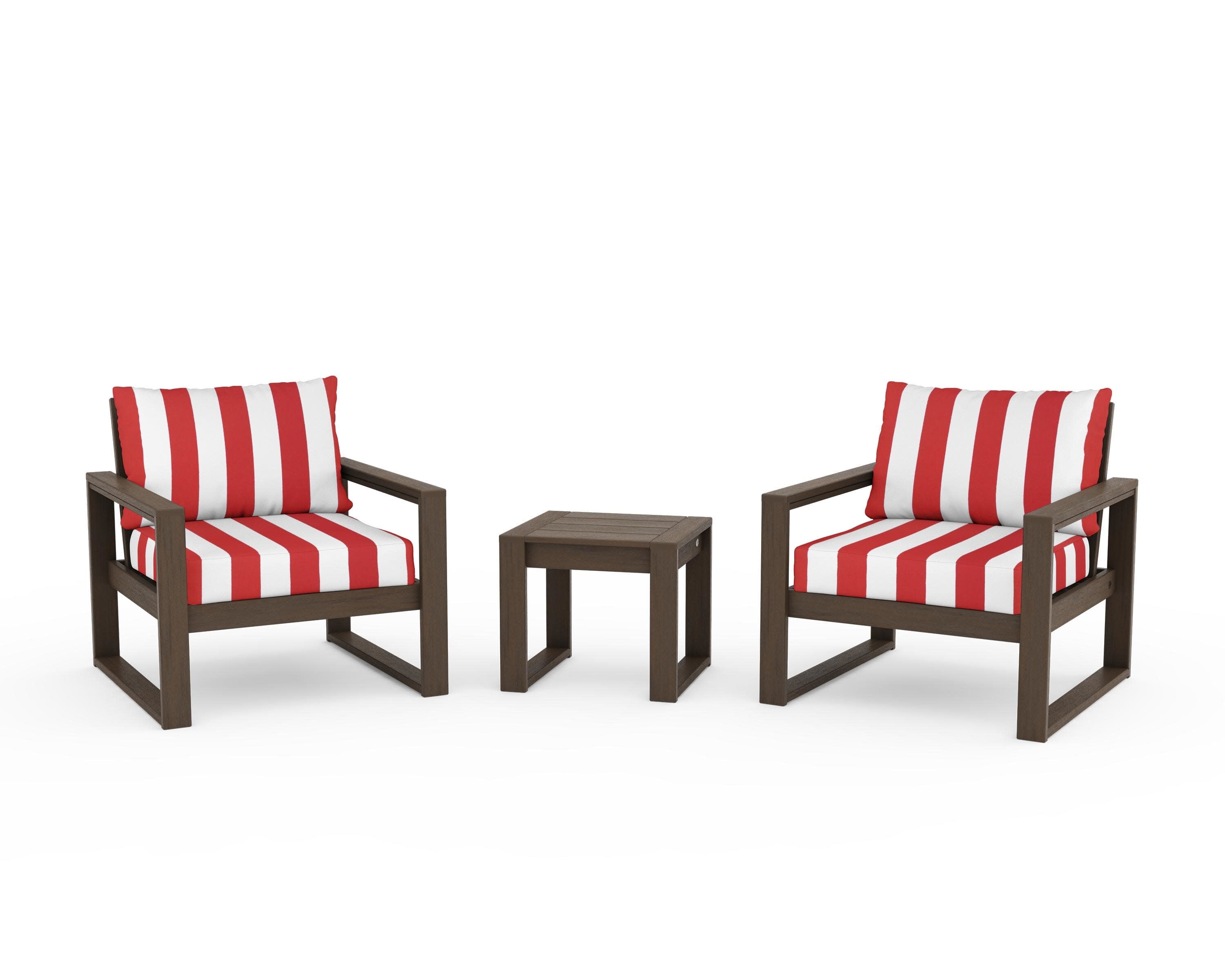 EDGE Sectional 3-Piece Deep Seating Set in Kona / Cabana Stripe Crimson