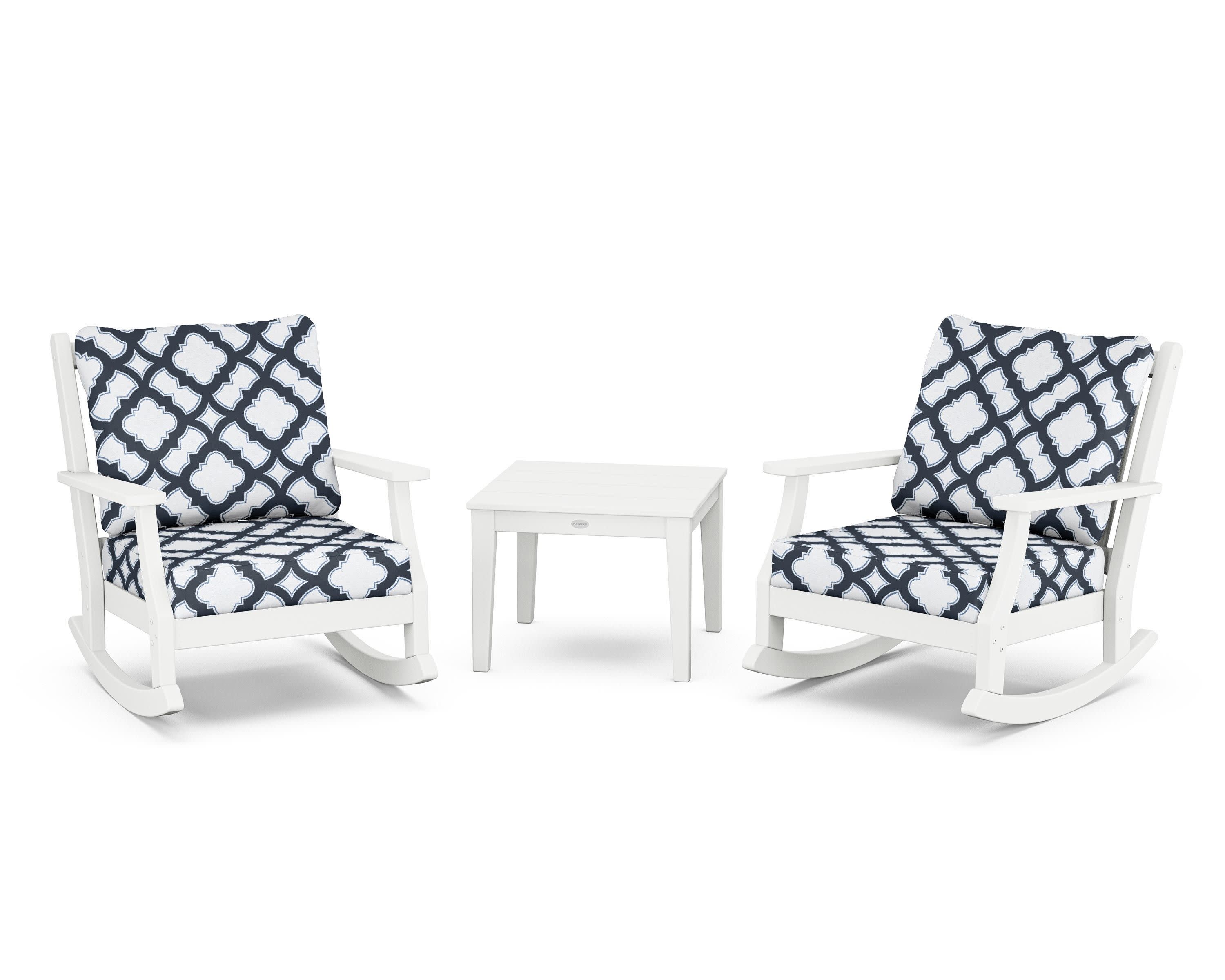 Wovendale 3-Piece Deep Seating Rocker Set in White / Trellis Marine Indigo