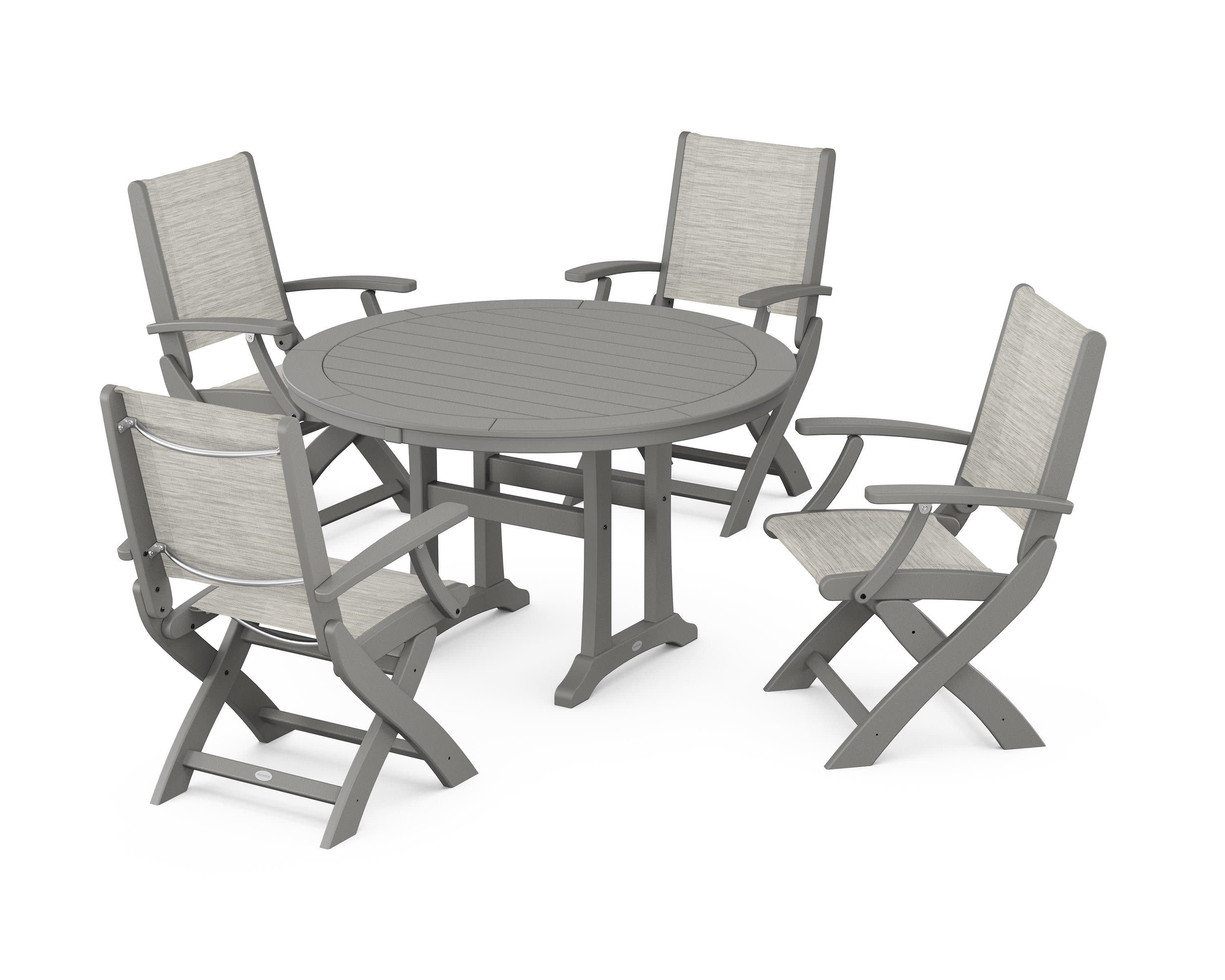 Coastal Folding Chair 5-Piece Round Dining Set with Trestle Legs in Slate Grey / Birch Sling