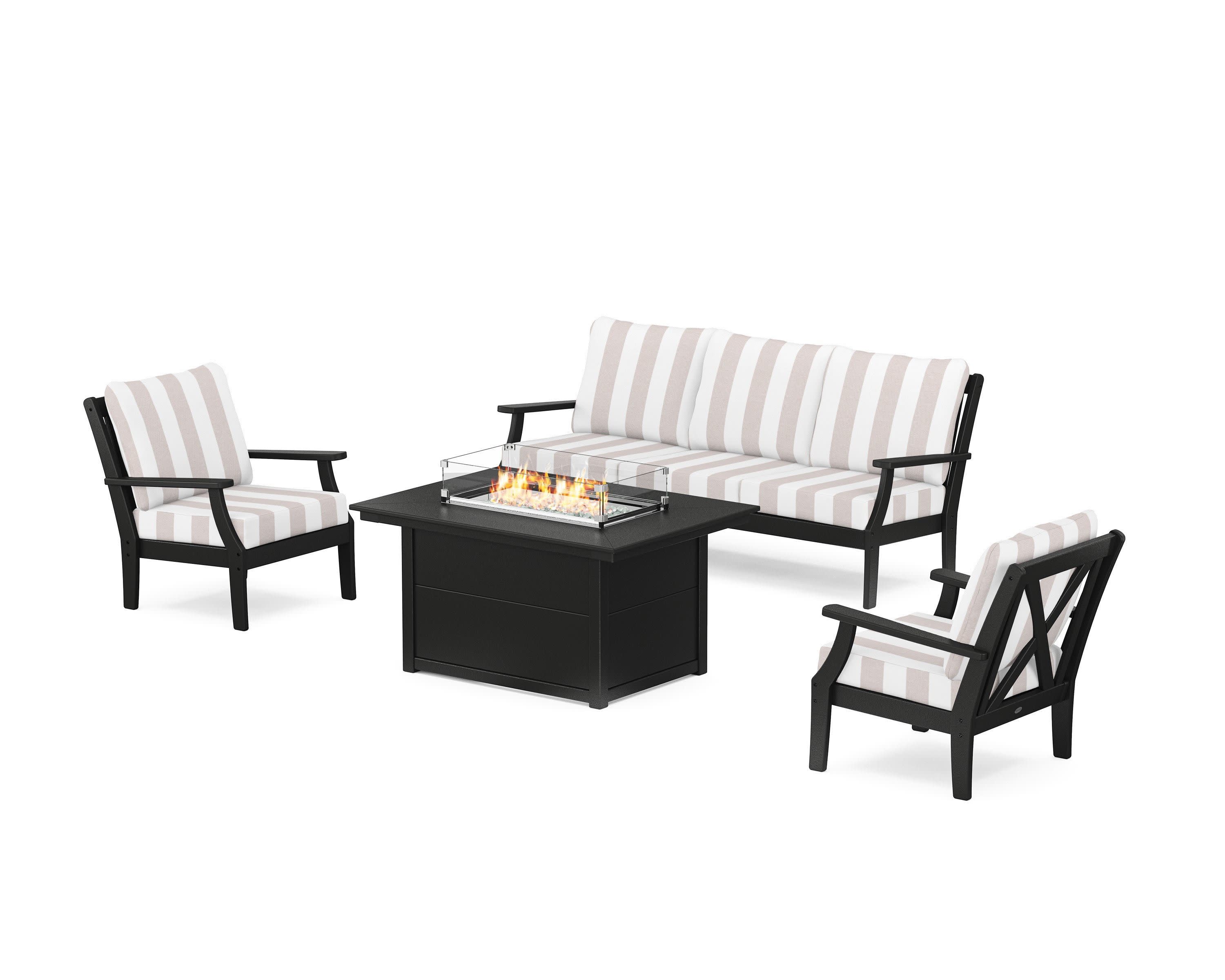 Braxton Deep Seating Fire Pit Table Set in Black / Cabana Stripe Dune Burlap