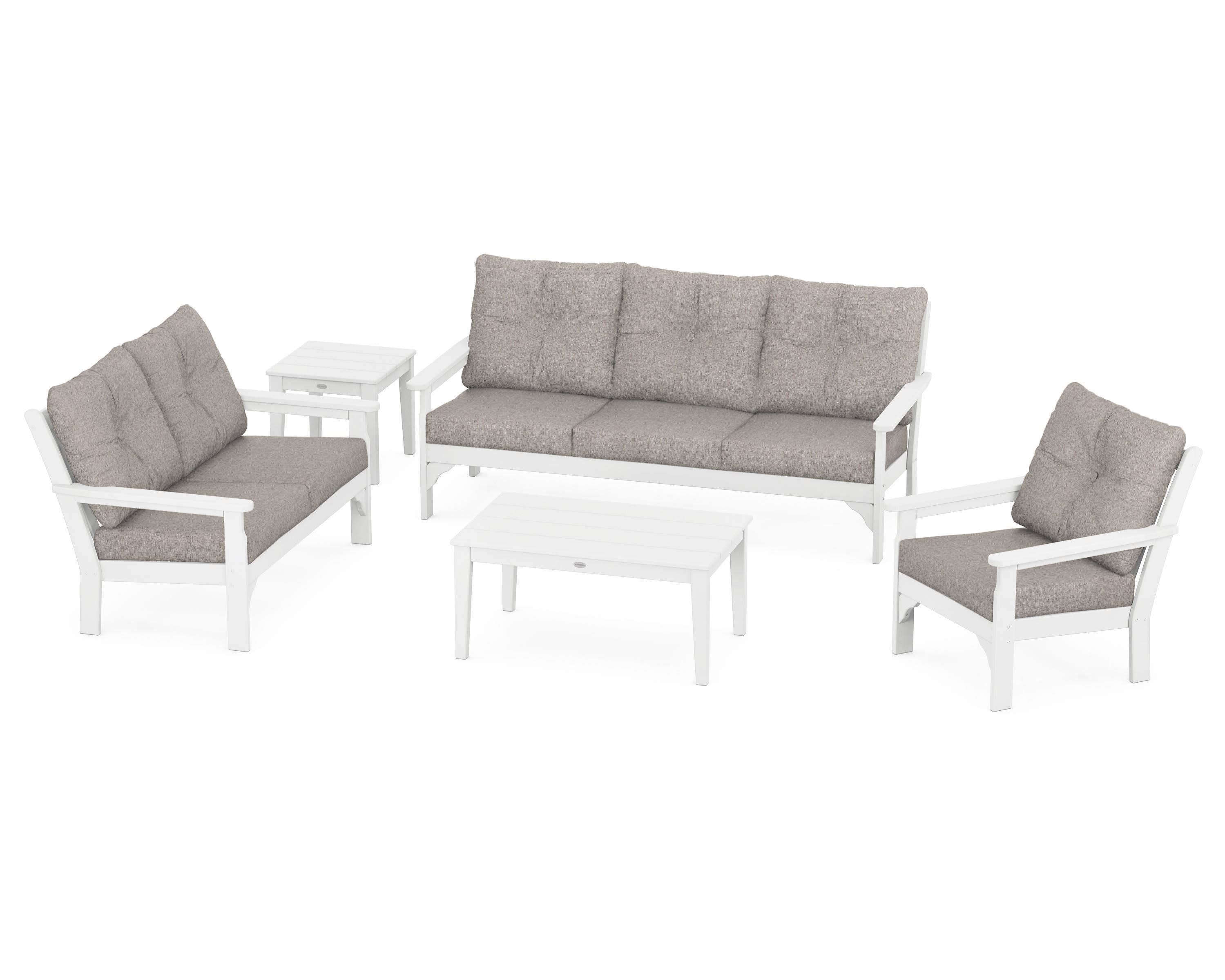Vineyard 5 Piece Deep Seating Set in White / Weathered Tweed
