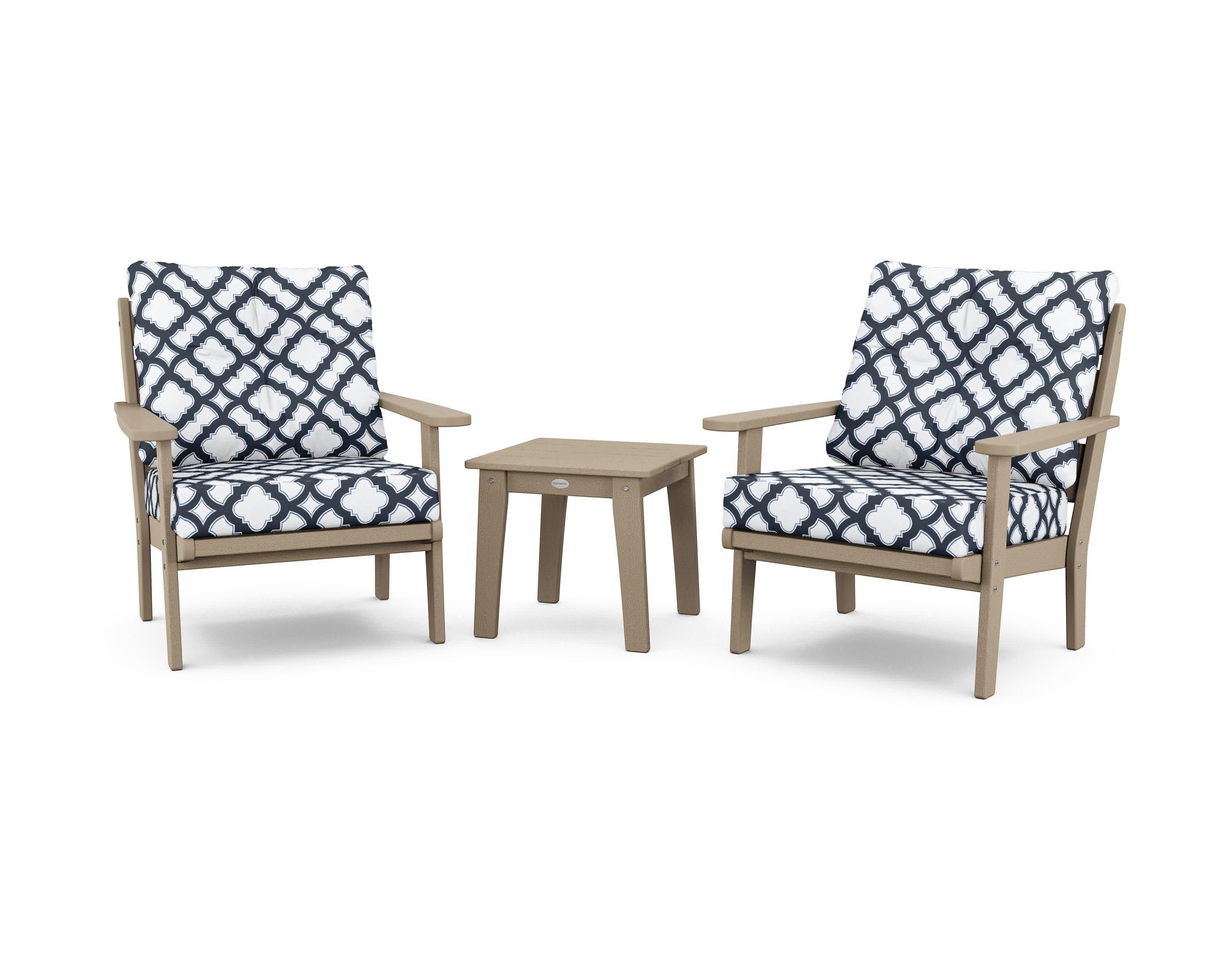 Lakeside 3-Piece Deep Seating Chair Set in Vintage Sahara / Trellis Marine Indigo