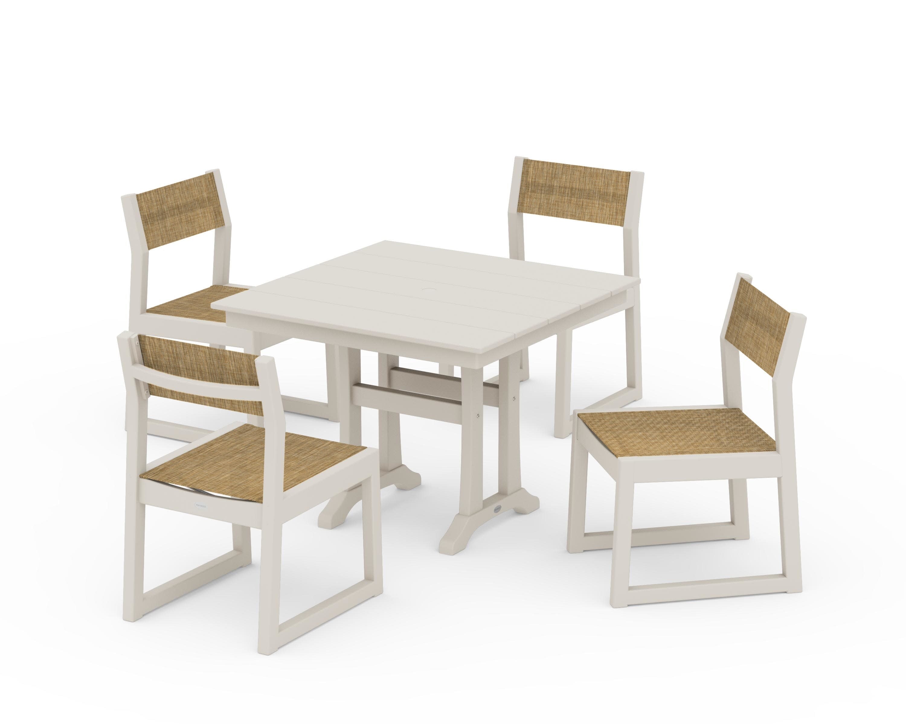 EDGE Sling 5-Piece Farmhouse Trestle Side Chair Dining Set in Sand / Burlap Sling