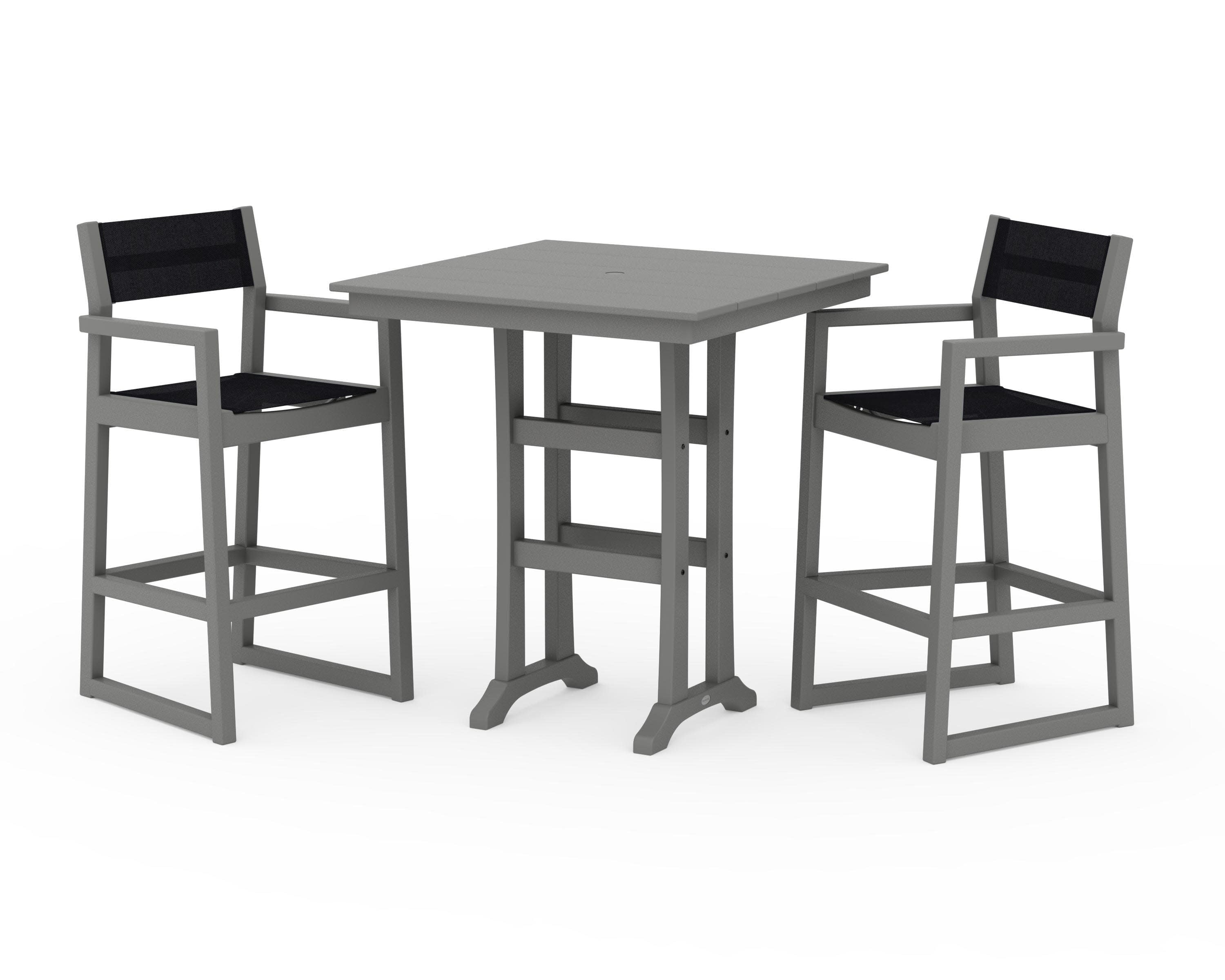 EDGE Sling Arm Chair 3-Piece Farmhouse Bar Set with Trestle Legs in Slate Grey / Black Sling
