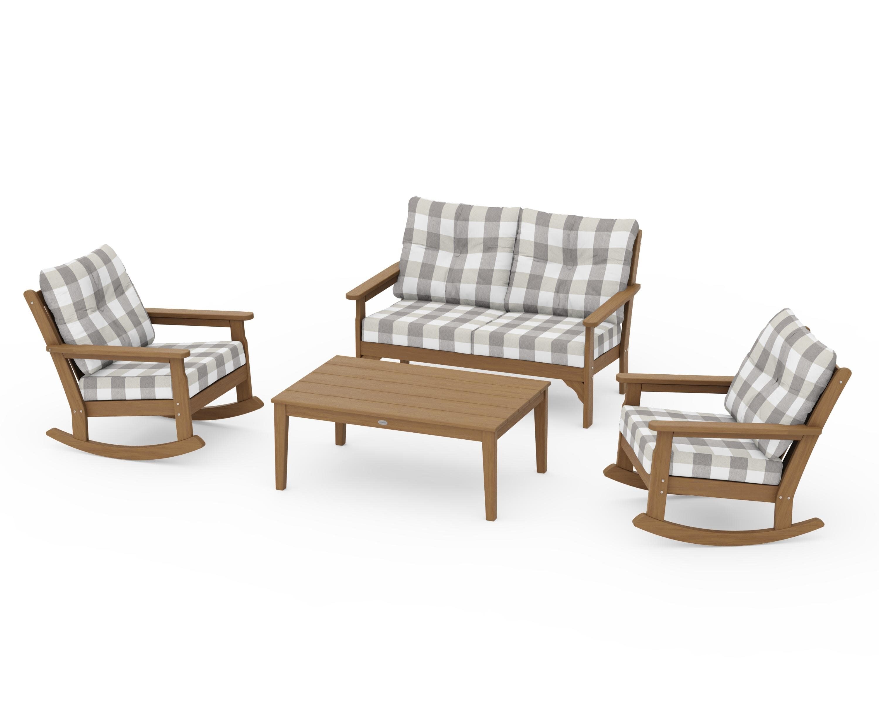 Vineyard 4-Piece Deep Seating Rocking Chair Set in Natural / Buffalo Plaid Grey Mist