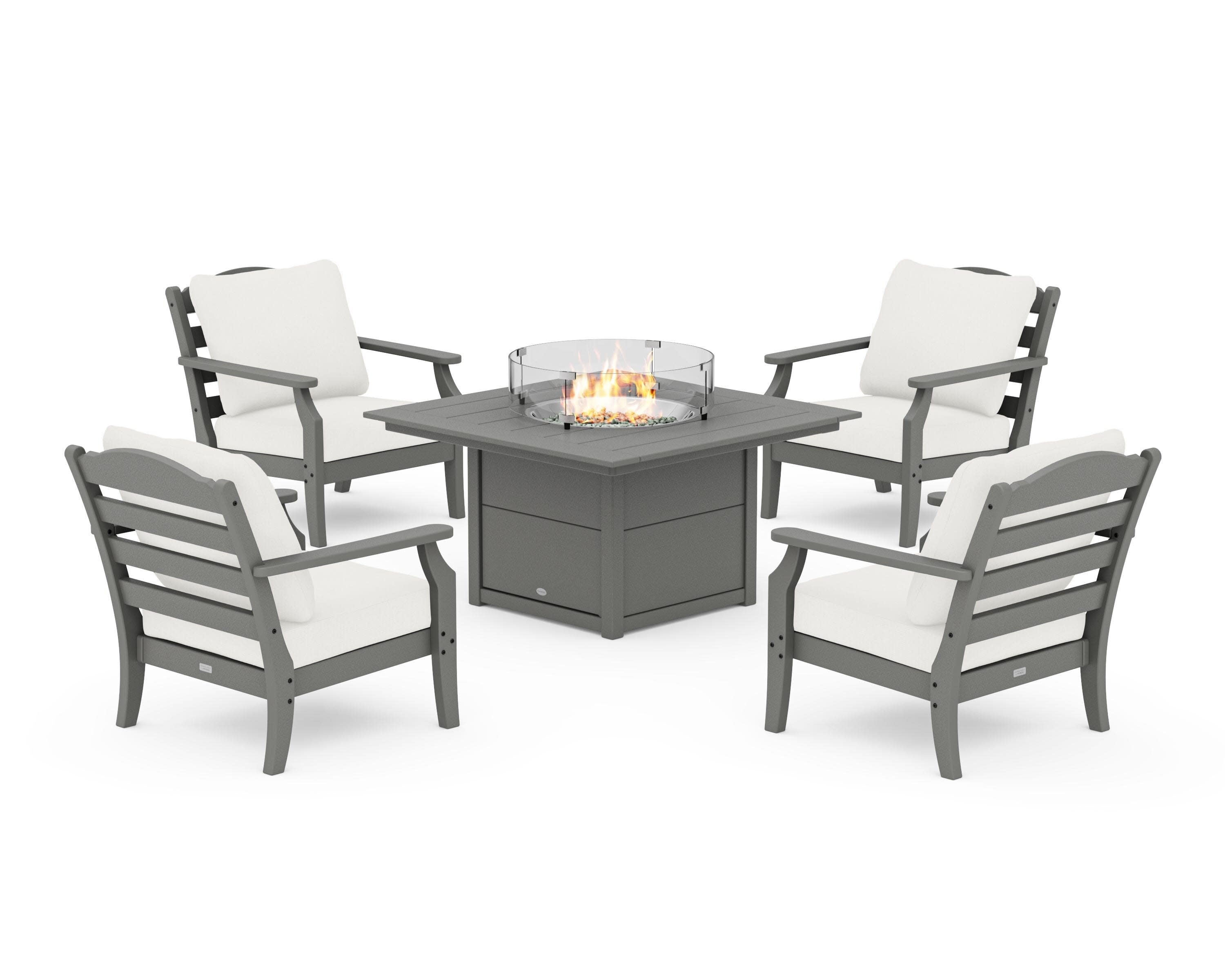 Savannah 5-Piece Deep Seating Set with Fire Pit Table in Slate Grey / Natural Linen