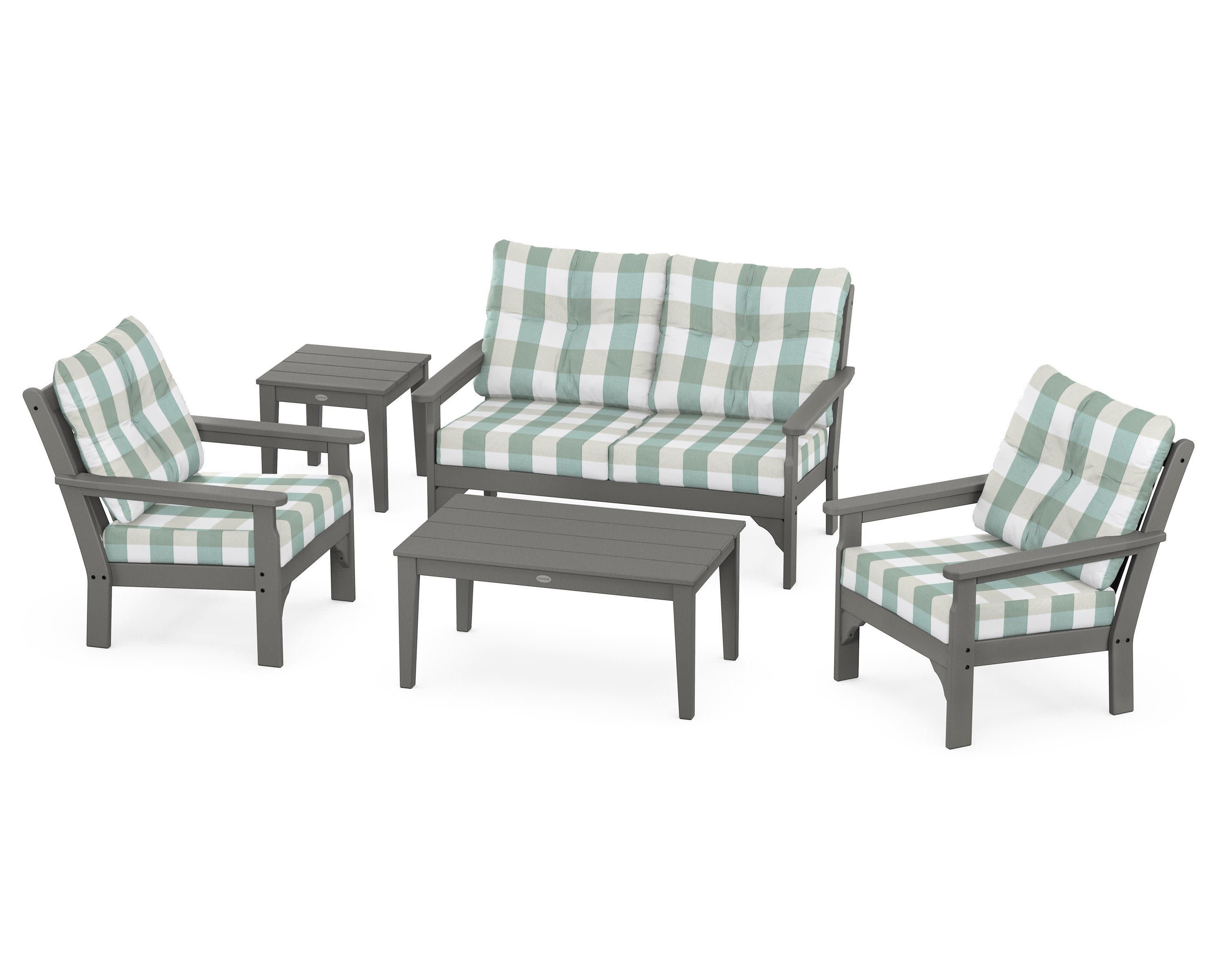 Vineyard 5-Piece Deep Seating Set in Slate Grey / Buffalo Plaid Glacier Spa