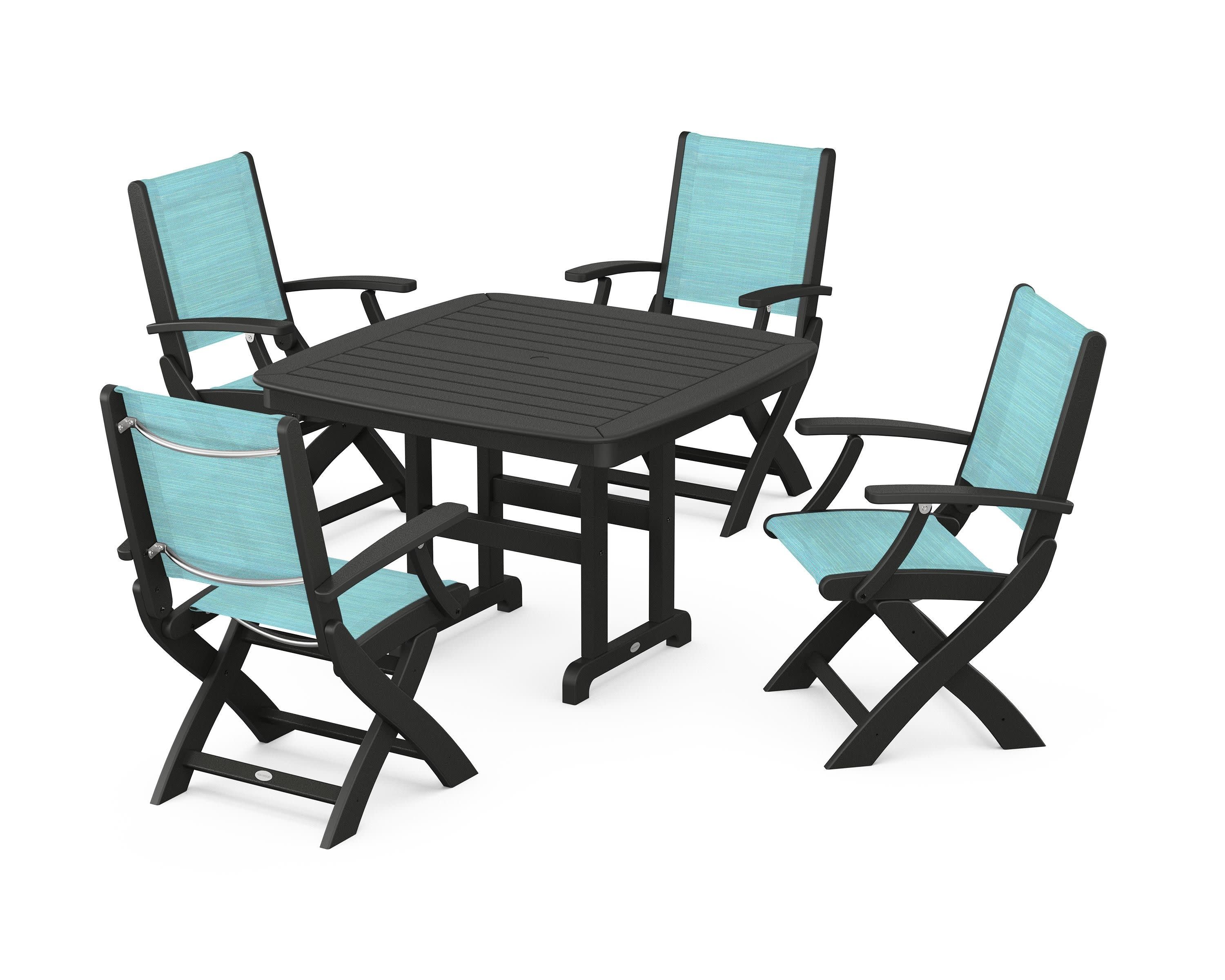 Coastal Folding Chair 5-Piece Dining Set in Black / Dupioni Aquamarine Sling