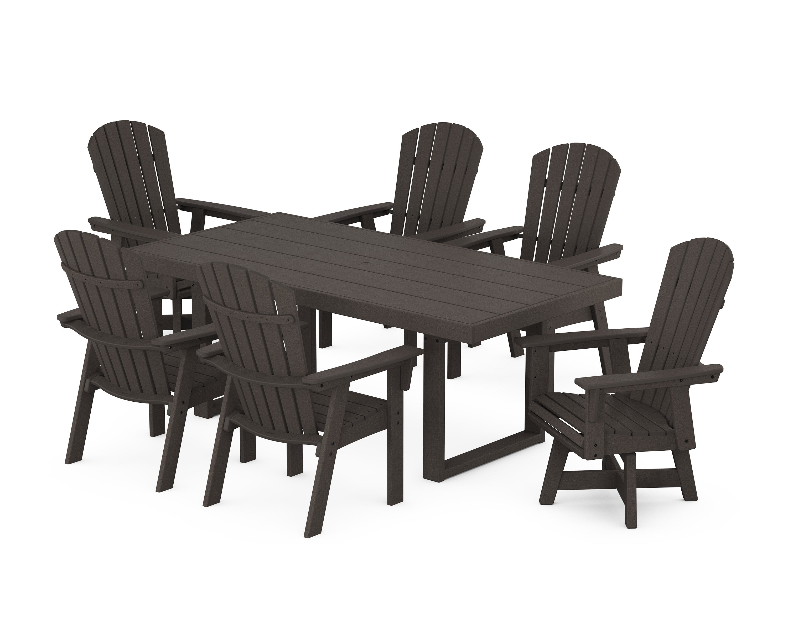Nautical Curveback Adirondack Swivel Chair 7-Piece Dining Set in Vintage Coffee