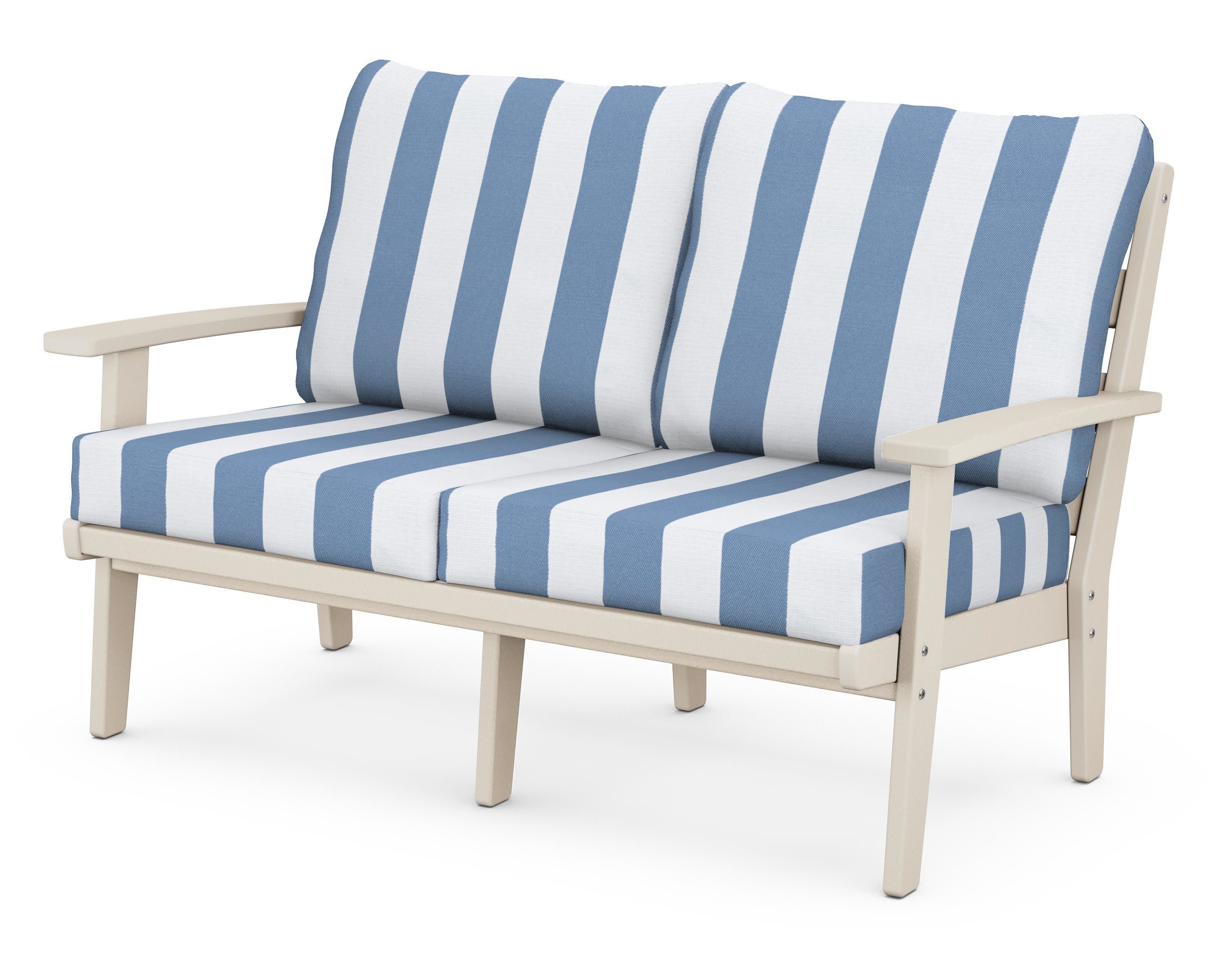 Grant Park Deep Seating Loveseat in Sand / Cabana Stripe Sky Blue