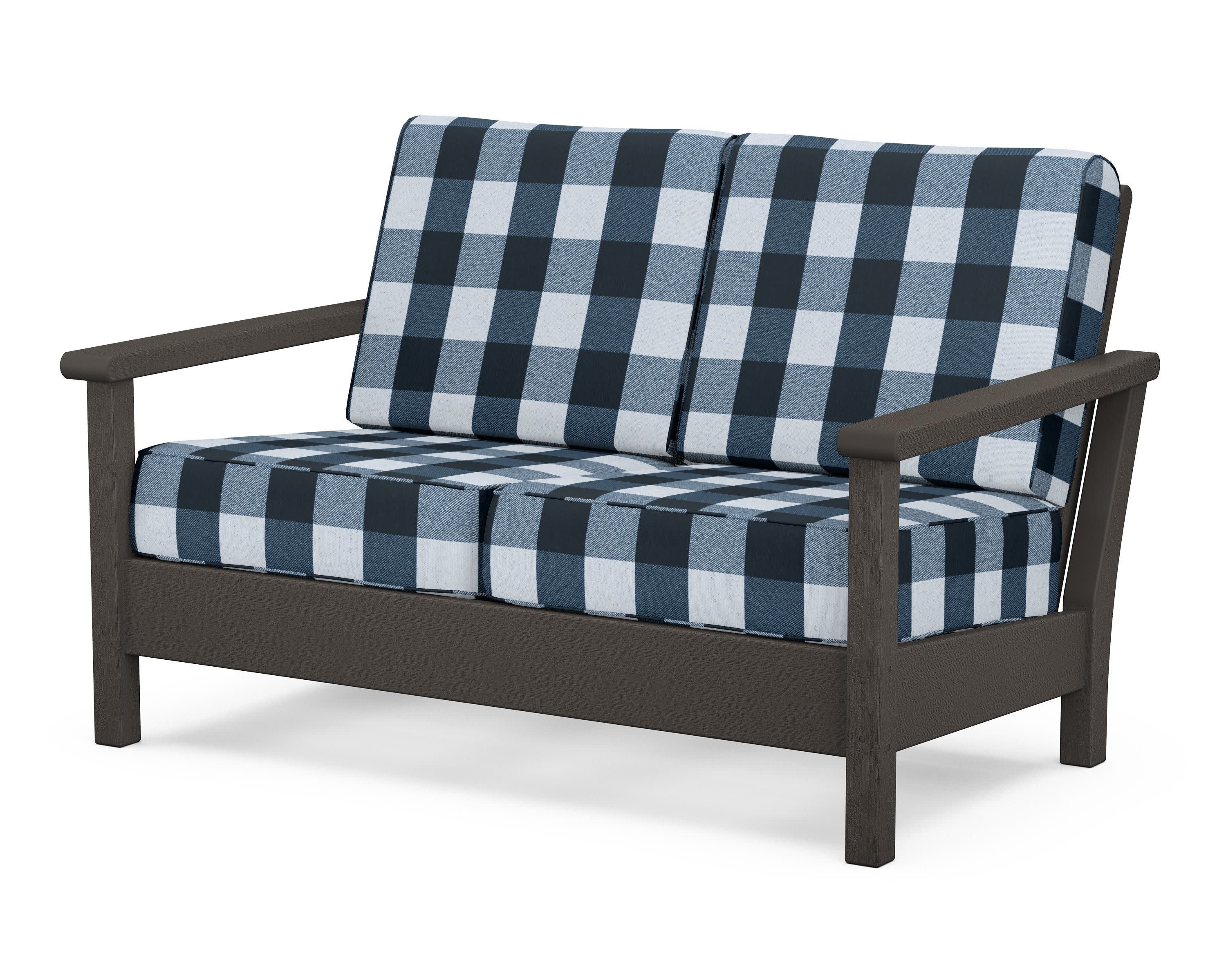 Harbour Deep Seating Loveseat in Vintage Coffee / Buffalo Plaid Marine Indigo