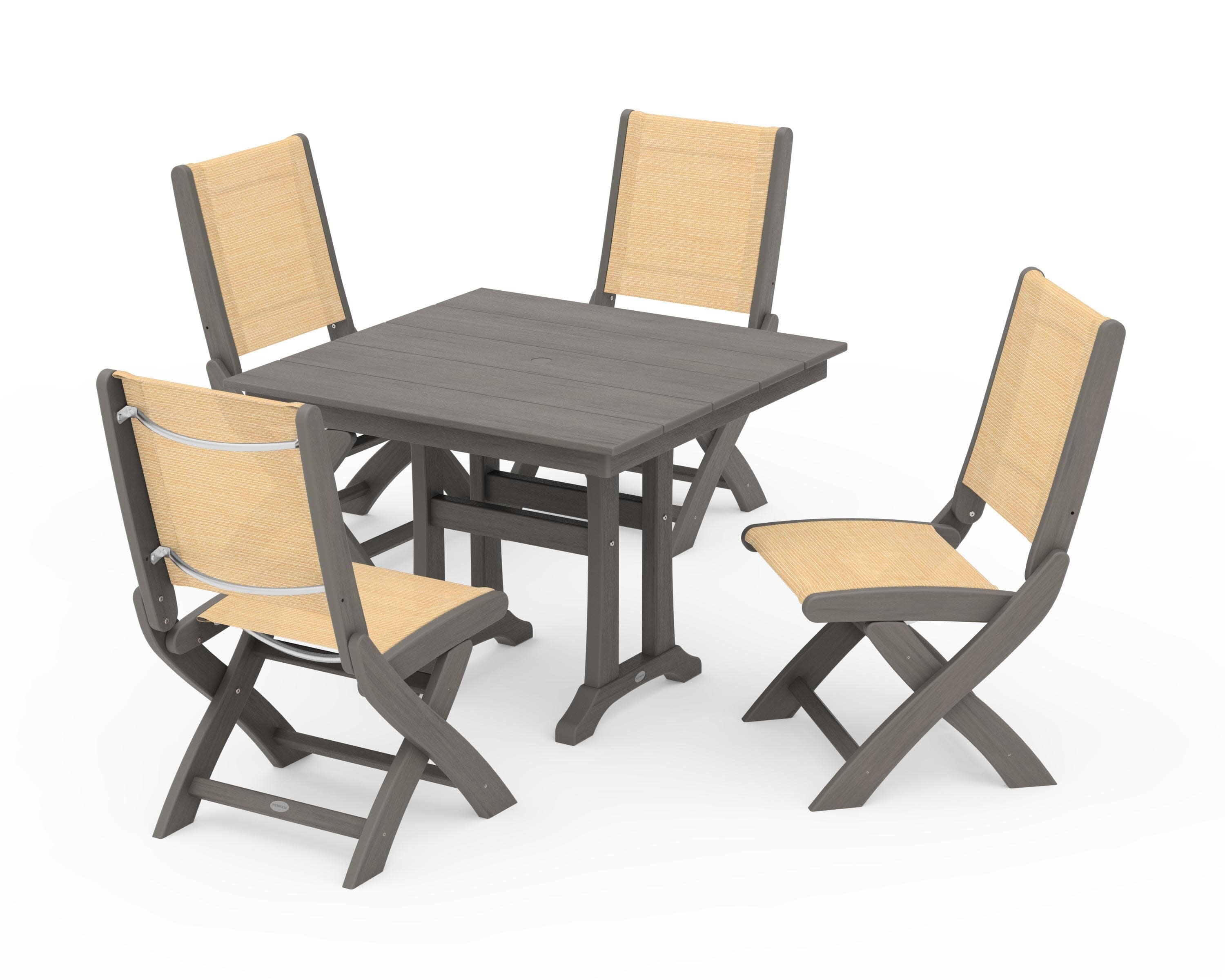 Coastal Folding Side Chair 5-Piece Farmhouse Dining Set With Trestle Legs in Driftwood / Dupioni Apricot Sling