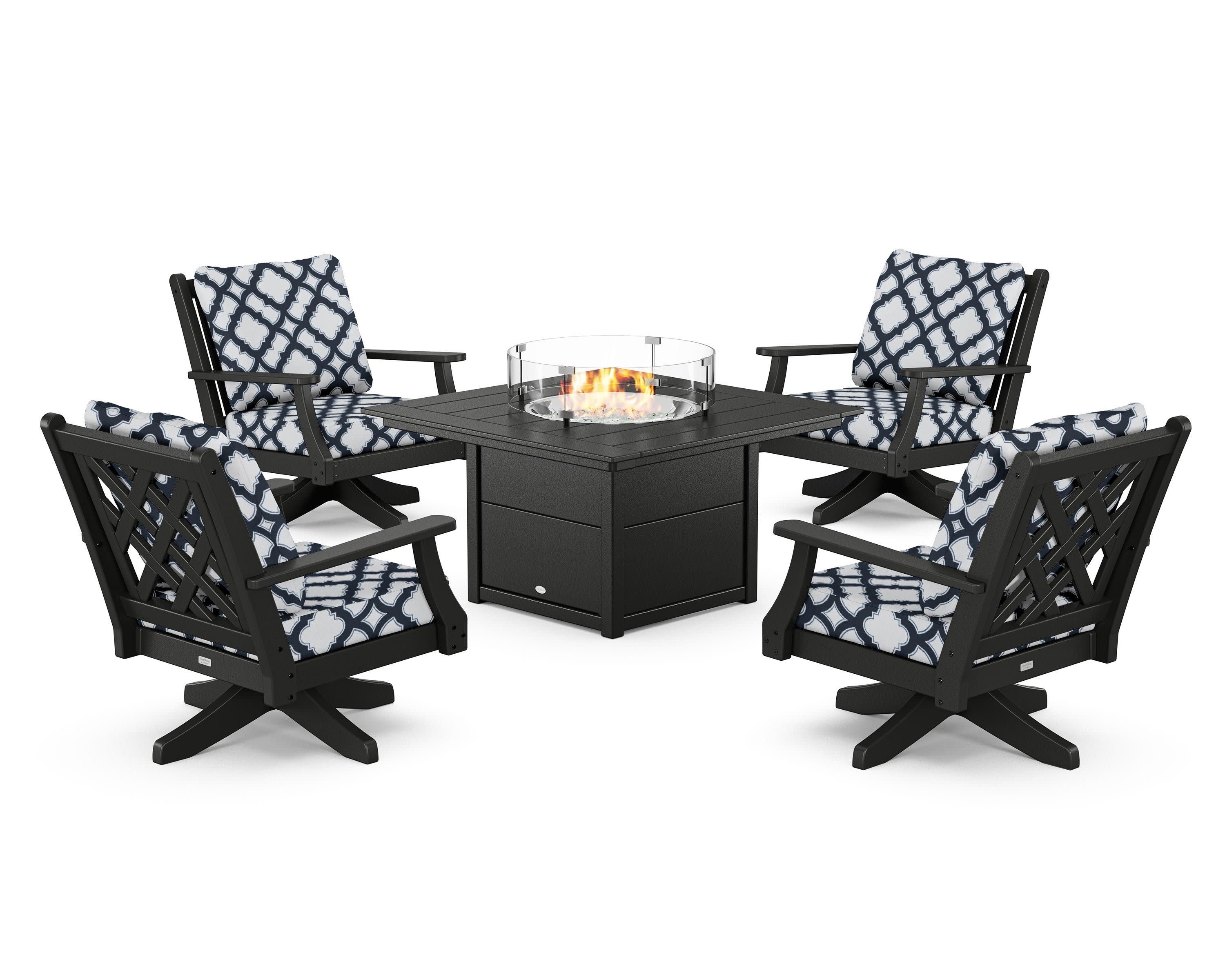 Wovendale 5-Piece Deep Seating Swivel Conversation Set with Fire Pit Table in Black / Trellis Marine Indigo