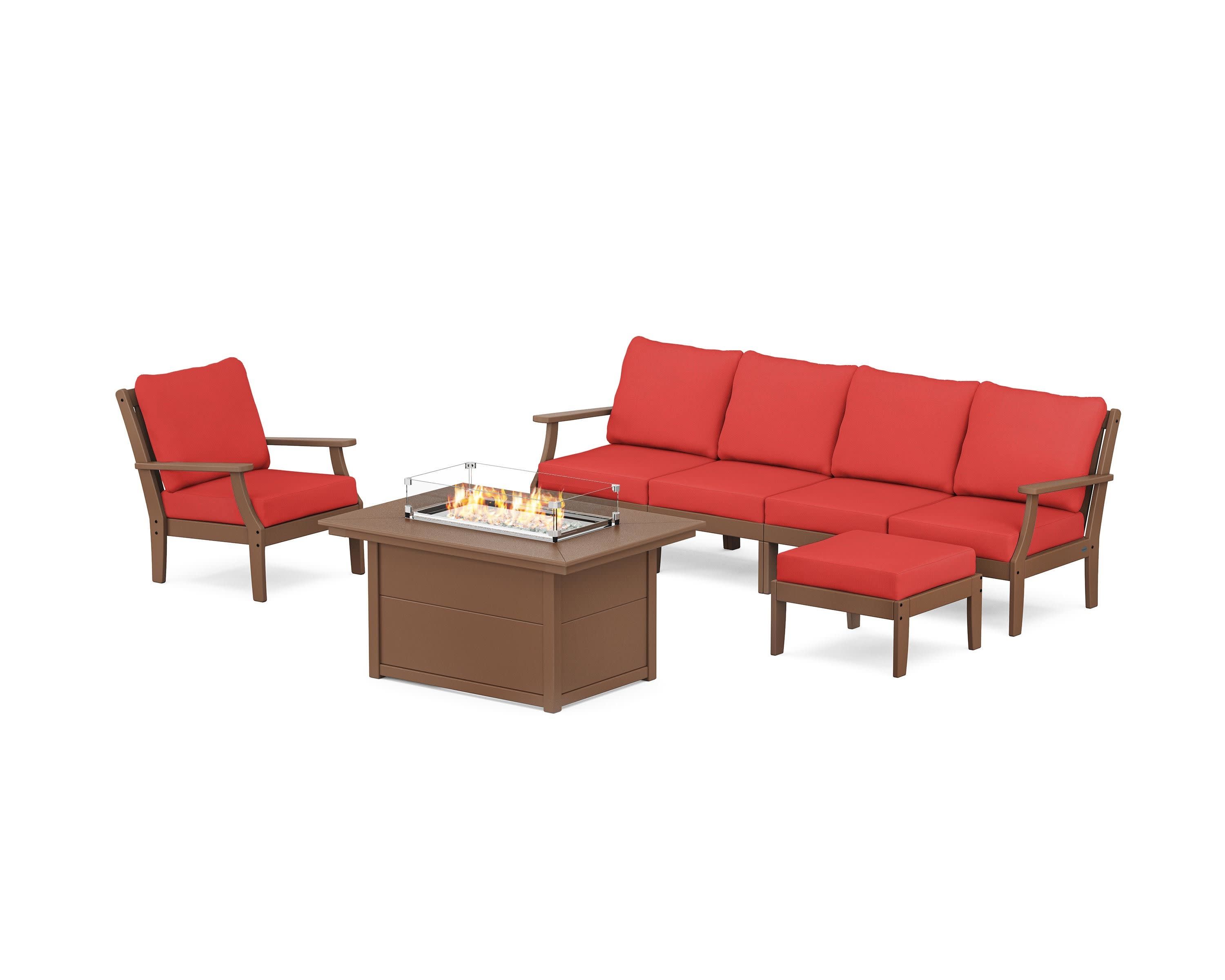 Braxton Sectional Lounge and Fire Pit Set in Teak / Crimson Linen