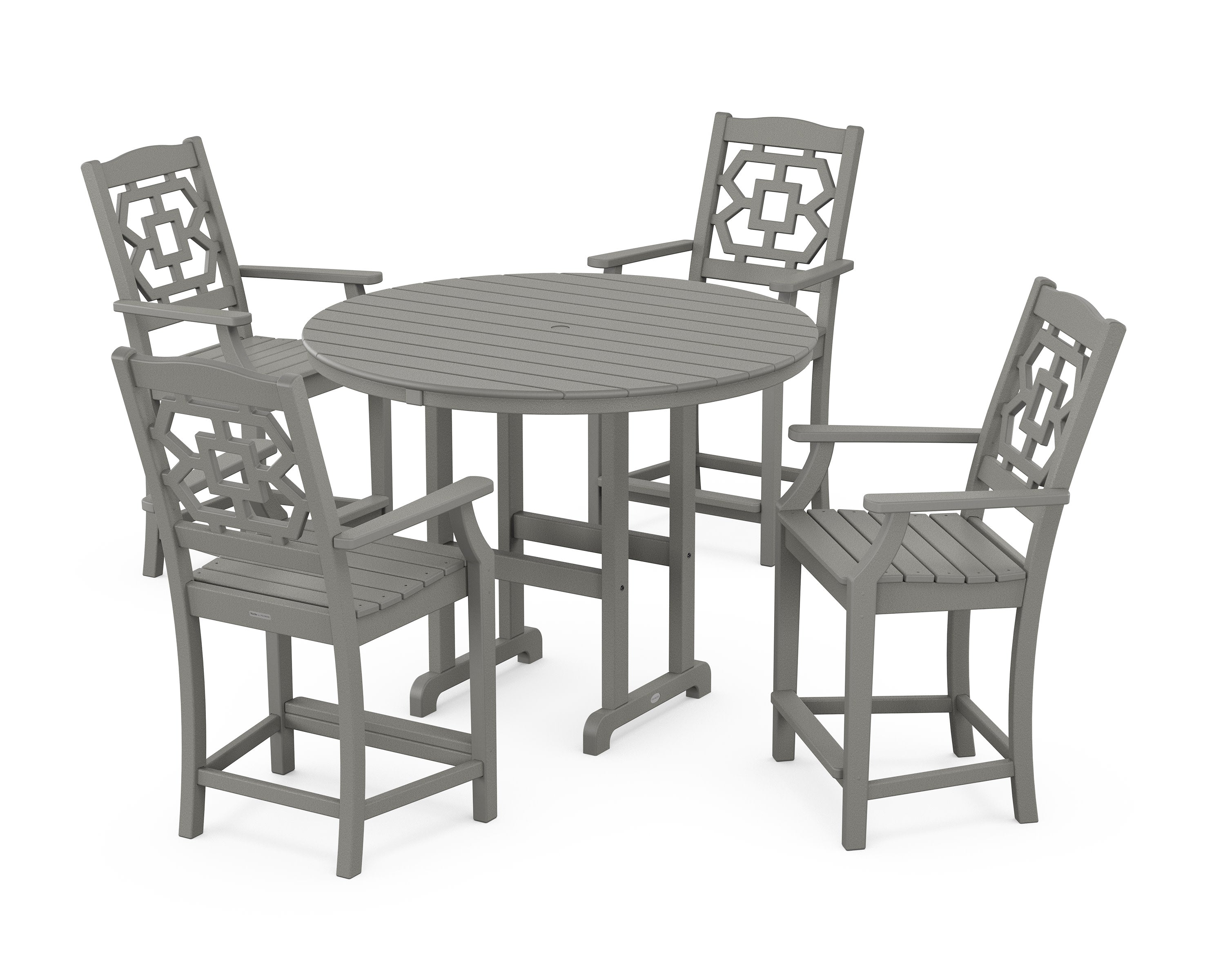 Chinoiserie 5-Piece Round Farmhouse Counter Set in Slate Grey