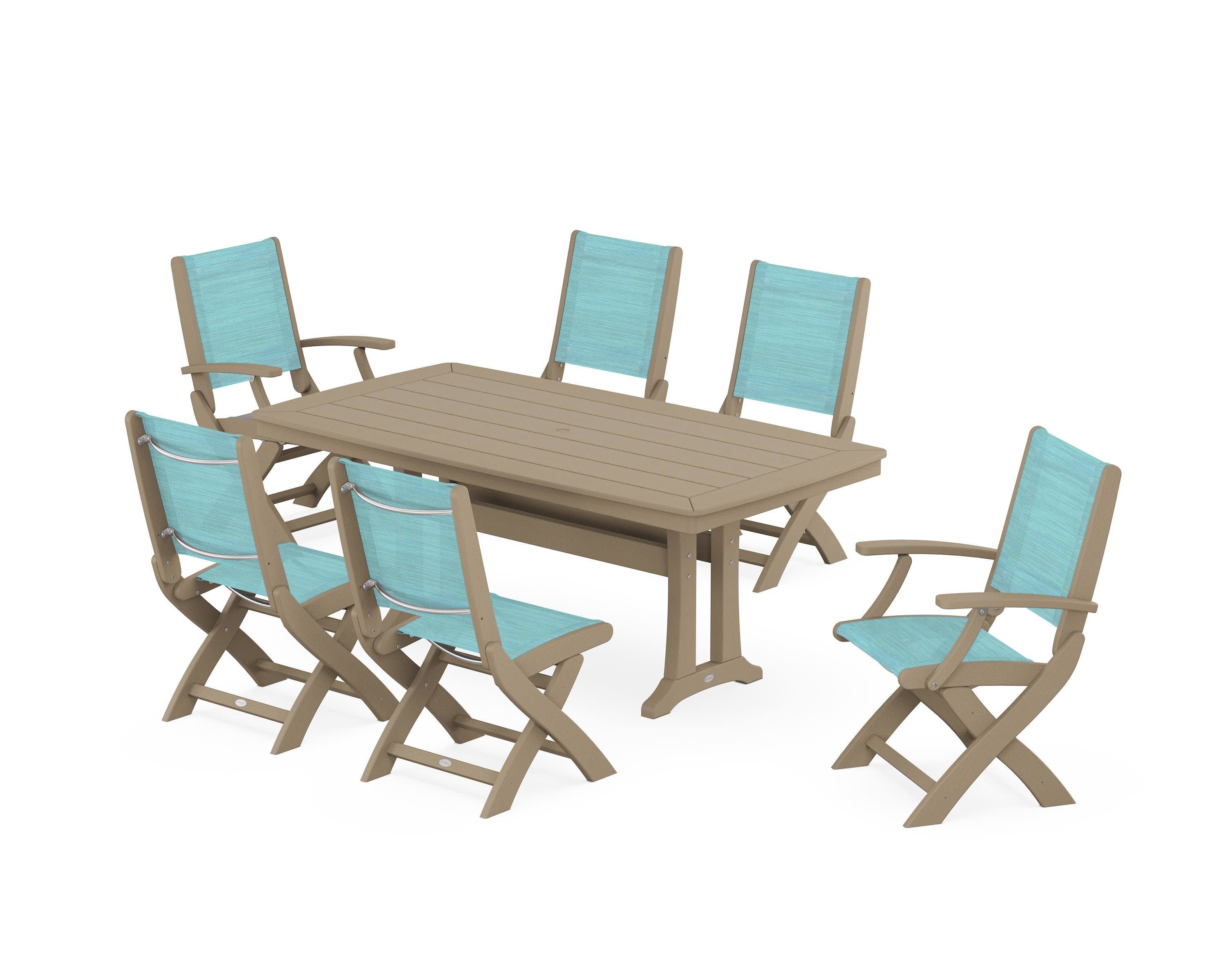 Coastal Folding Chair 7-Piece Dining Set with Trestle Legs in Vintage Sahara / Dupioni Aquamarine Sling