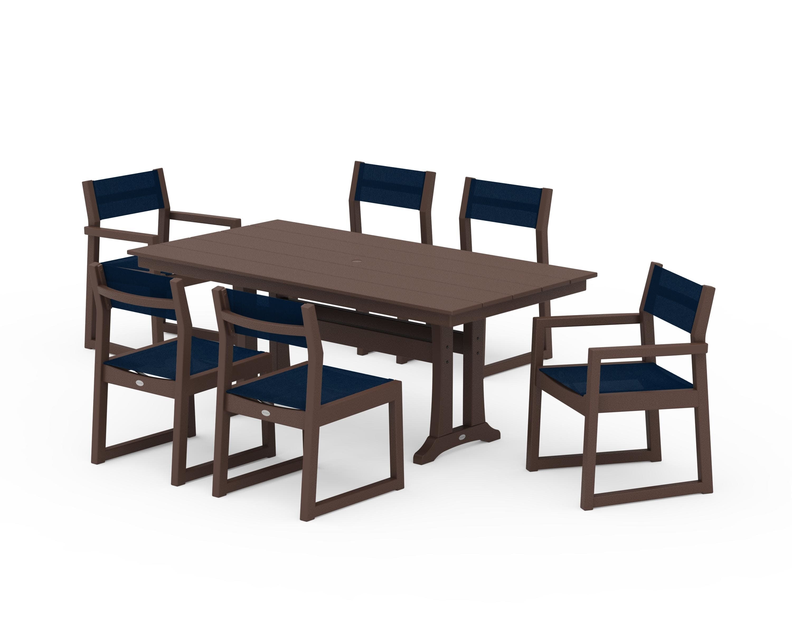 EDGE Sling 7-Piece Farmhouse Trestle Dining Set in Mahogany / Navy Blue Sling