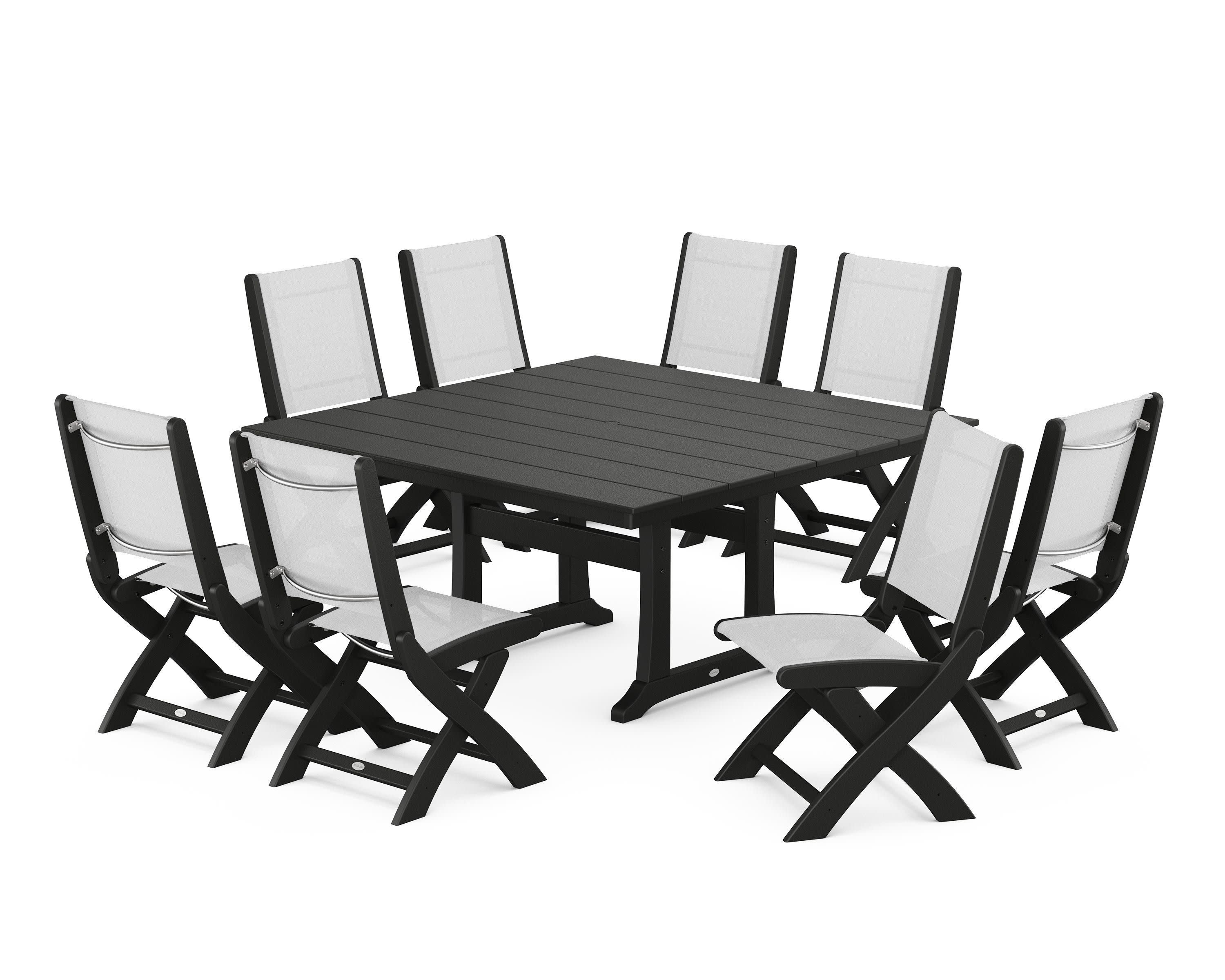 Coastal Folding Side Chair 9-Piece Farmhouse Dining Set in Black / White Sling