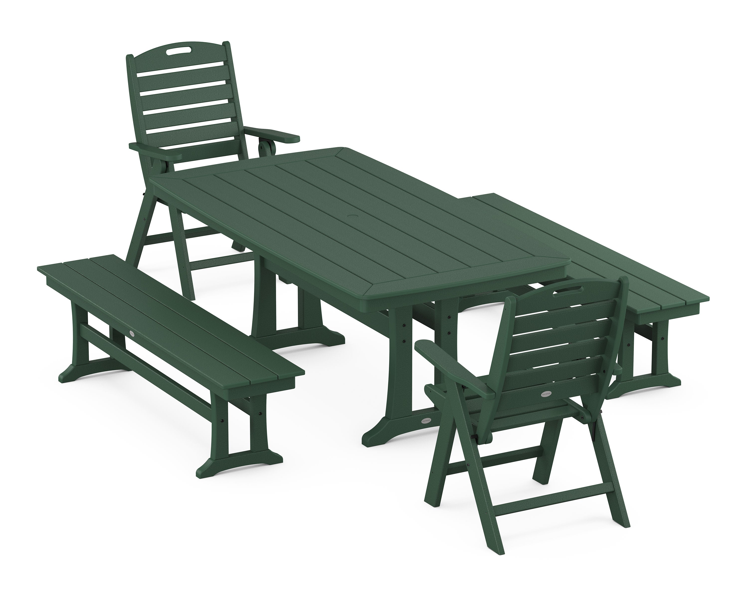 Nautical Folding Highback Chair 5-Piece Dining Set with Trestle Legs and Benches in Green