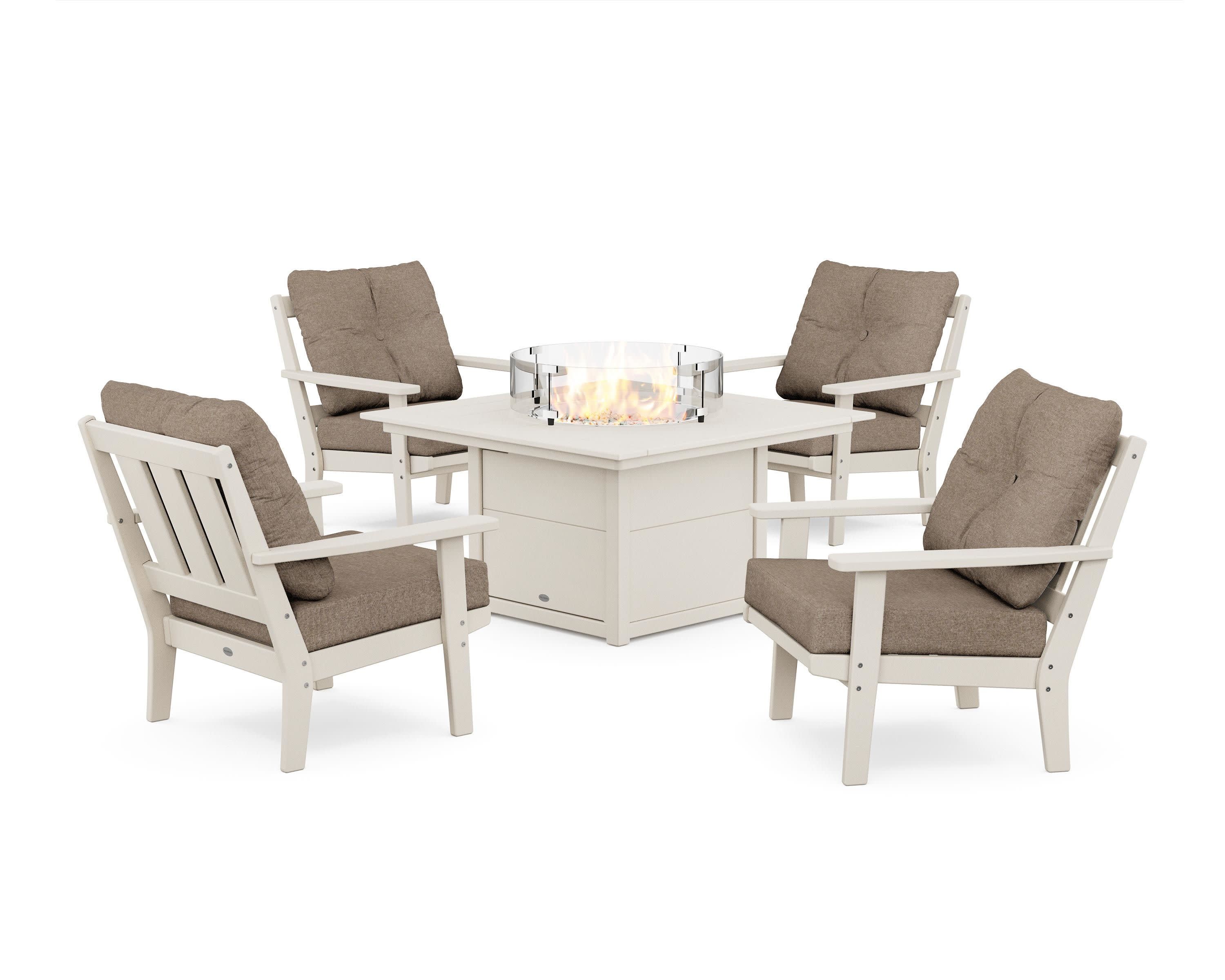 Oxford 5-Piece Deep Seating Set with Fire Pit Table in Sand / Spiced Burlap