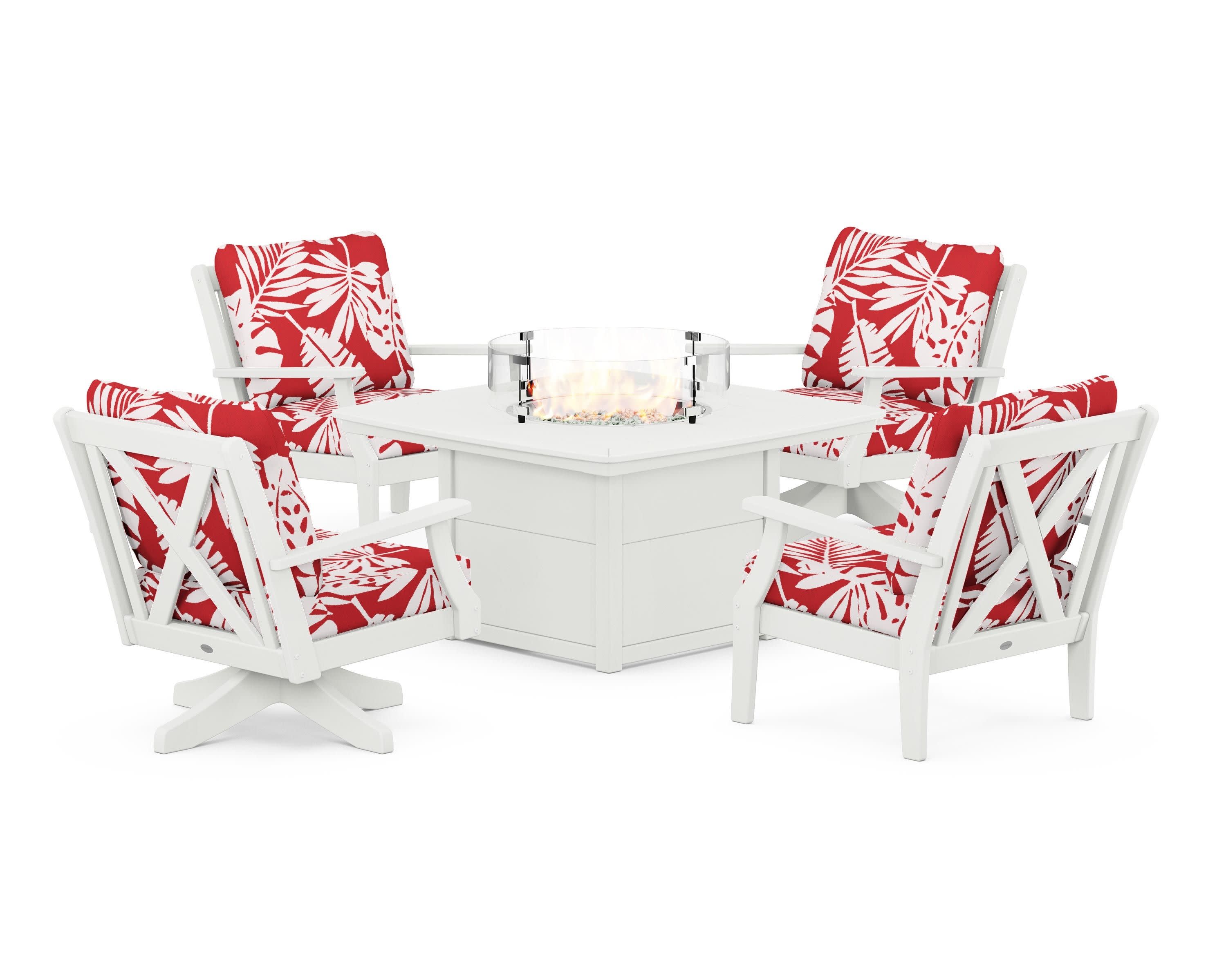 Braxton 5-Piece Deep Seating Set with Fire Table in Vintage White / Leaf Crimson