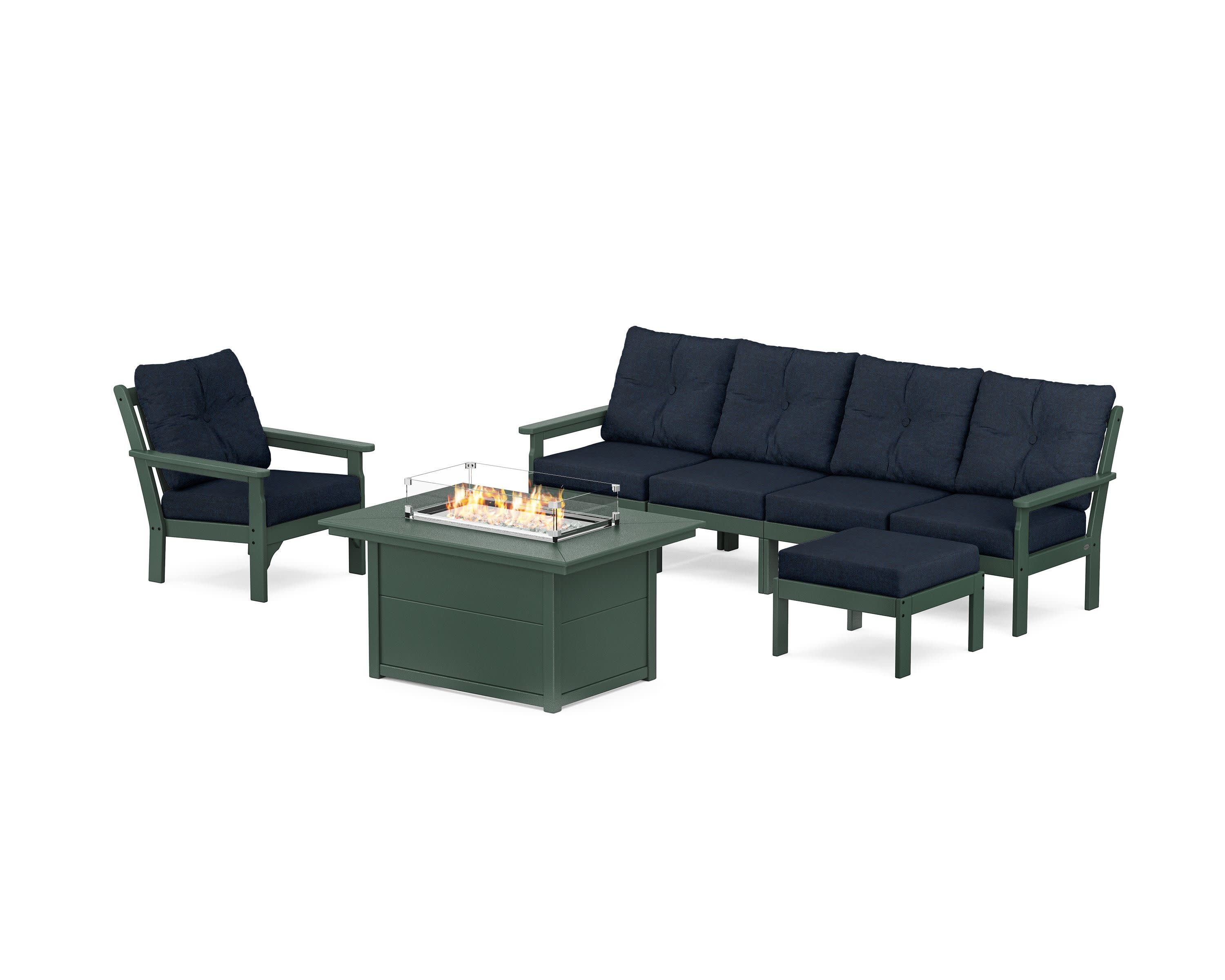 Vineyard Sectional Lounge and Fire Pit Set in Green / Marine Indigo