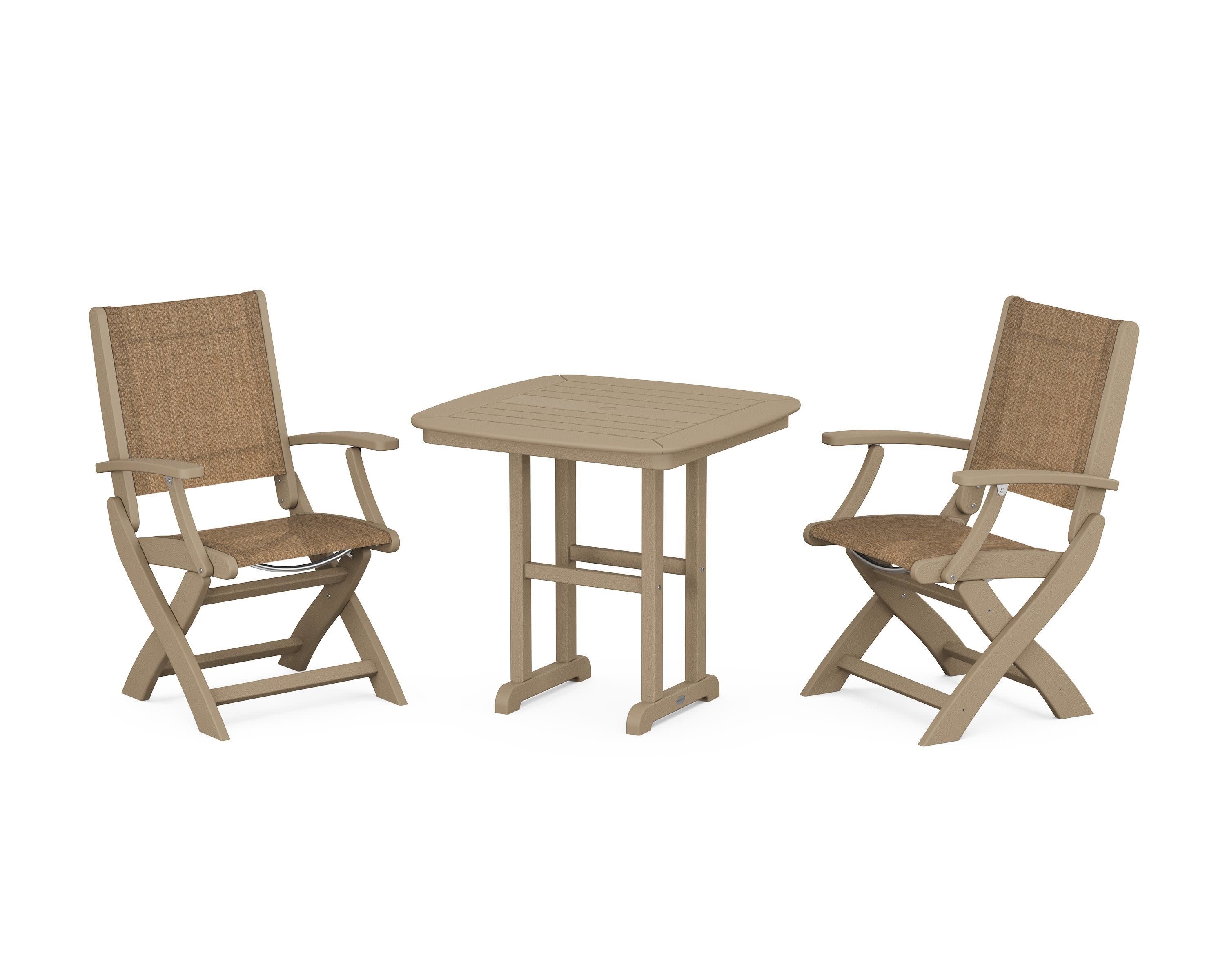 Coastal Folding Chair 3-Piece Dining Set in Vintage Sahara / Burlap Sling