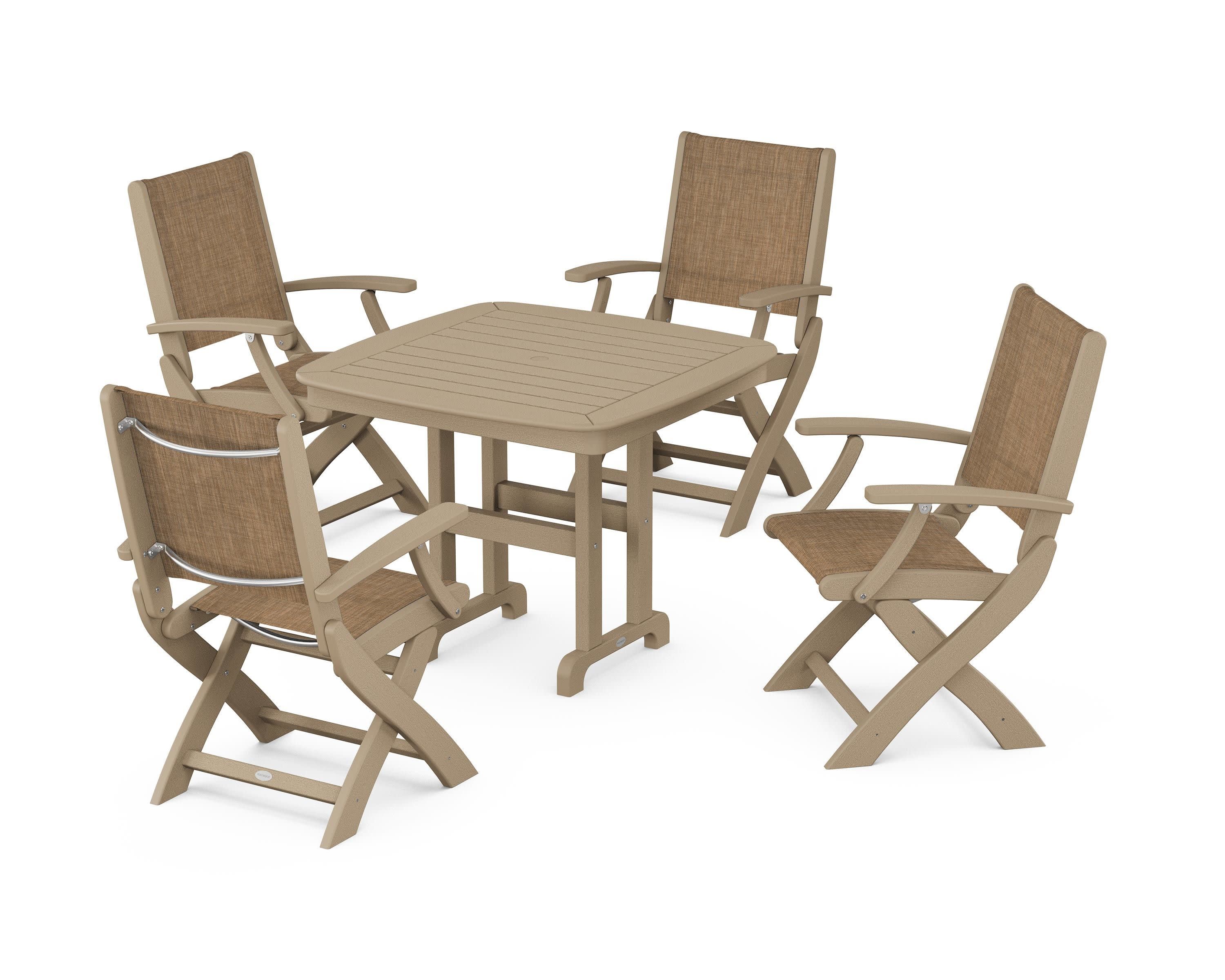 Coastal Folding Chair 5-Piece Dining Set in Vintage Sahara / Burlap Sling