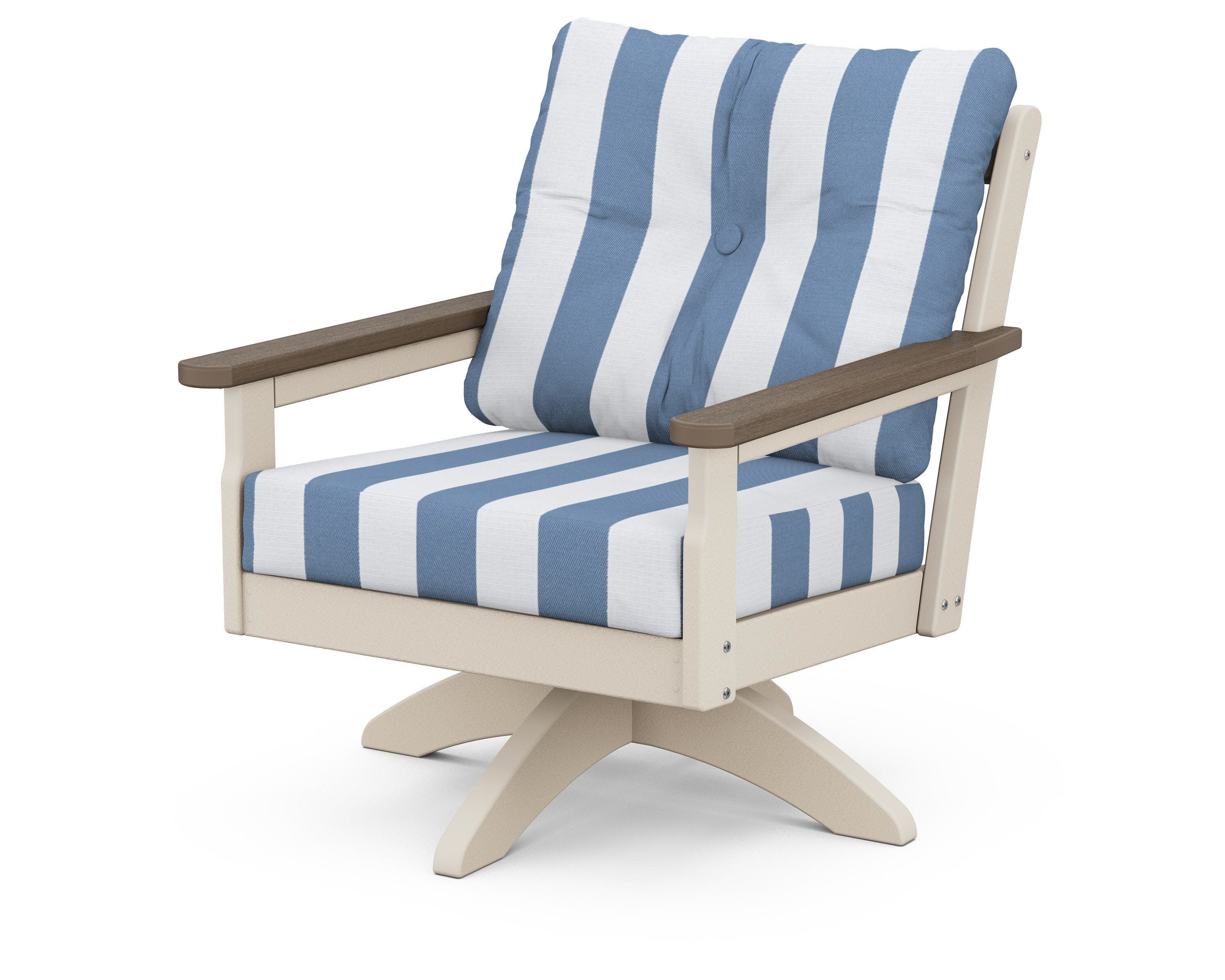 Vineyard Deep Seating Swivel Chair in Sand / Kona / Cabana Stripe Sky Blue