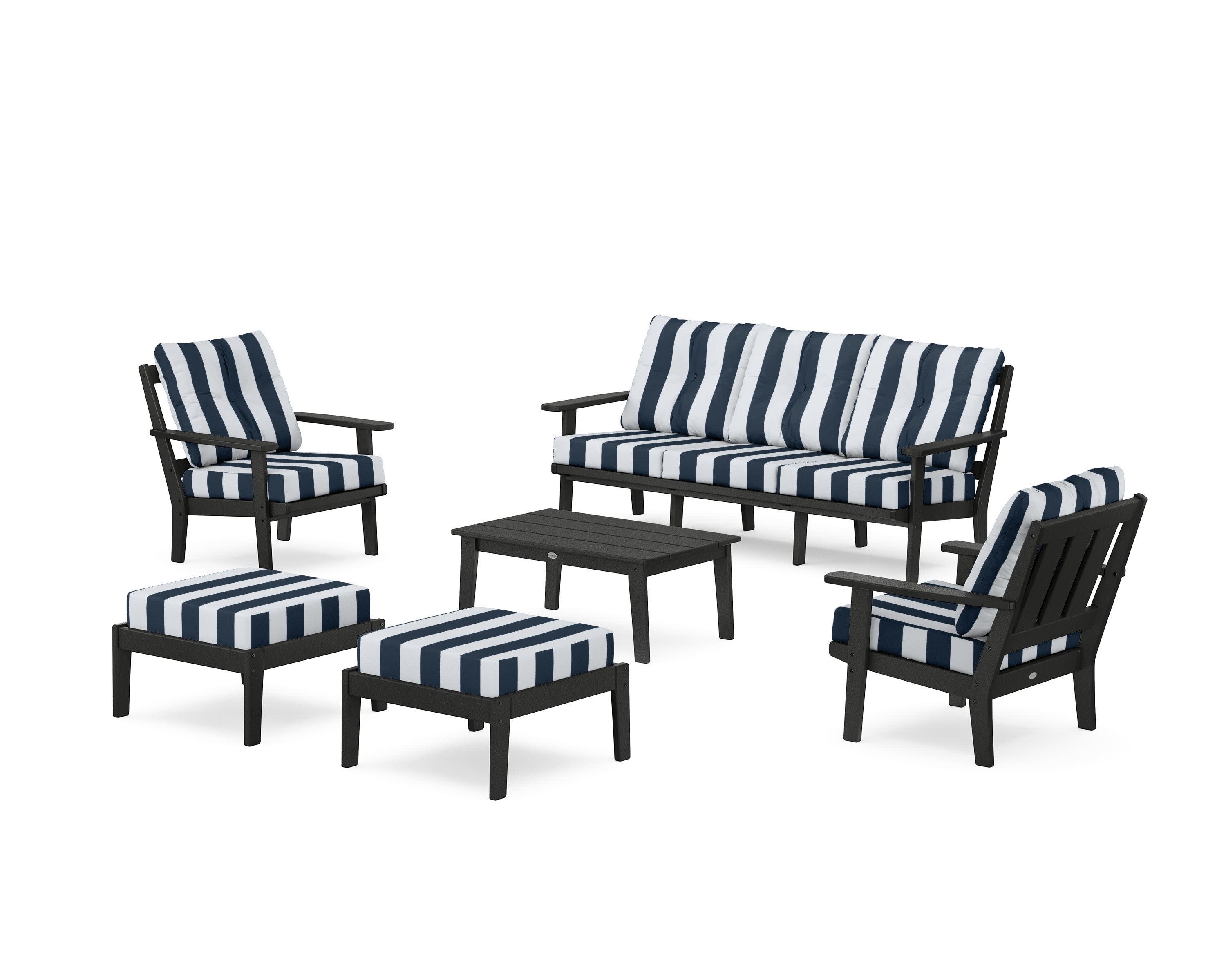 Oxford 6-Piece Lounge Sofa Set in Black / Cabana Stripe Marine Indigo