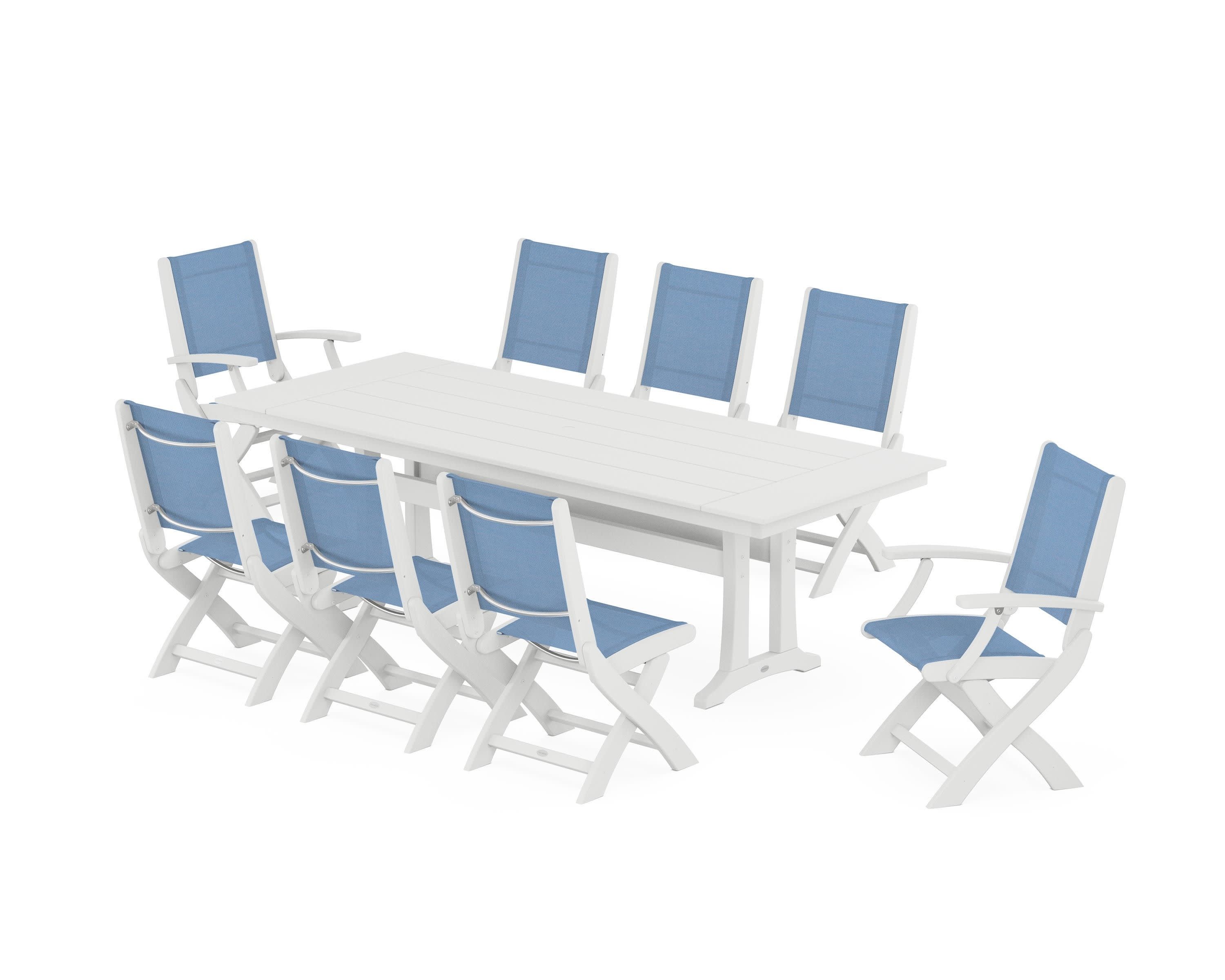 Coastal 9-Piece Folding Dining Chair Farmhouse Dining Set with Trestle Legs in White / Poolside Sling