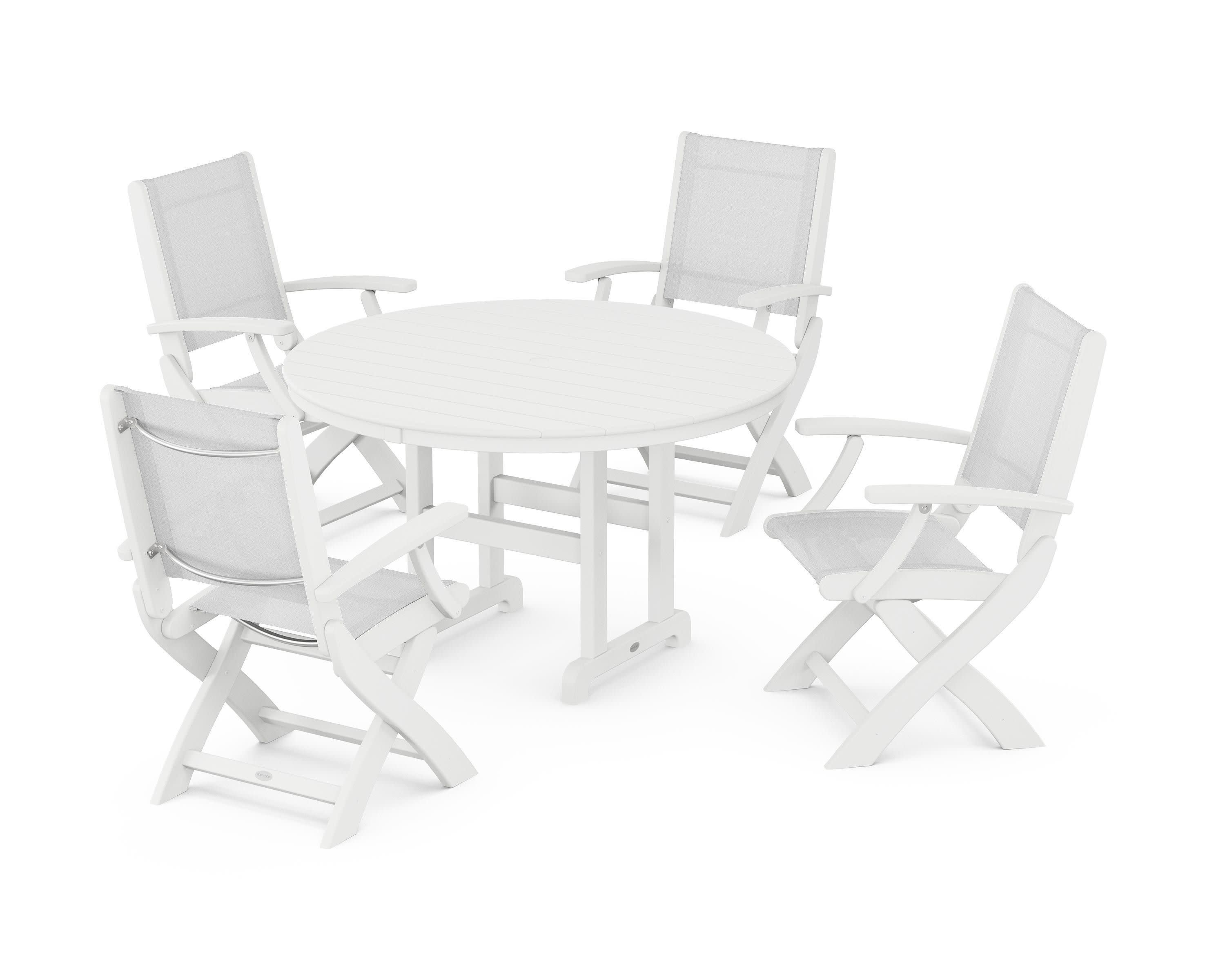 Coastal Folding Chair 5-Piece Round Dining Set in White / White Sling